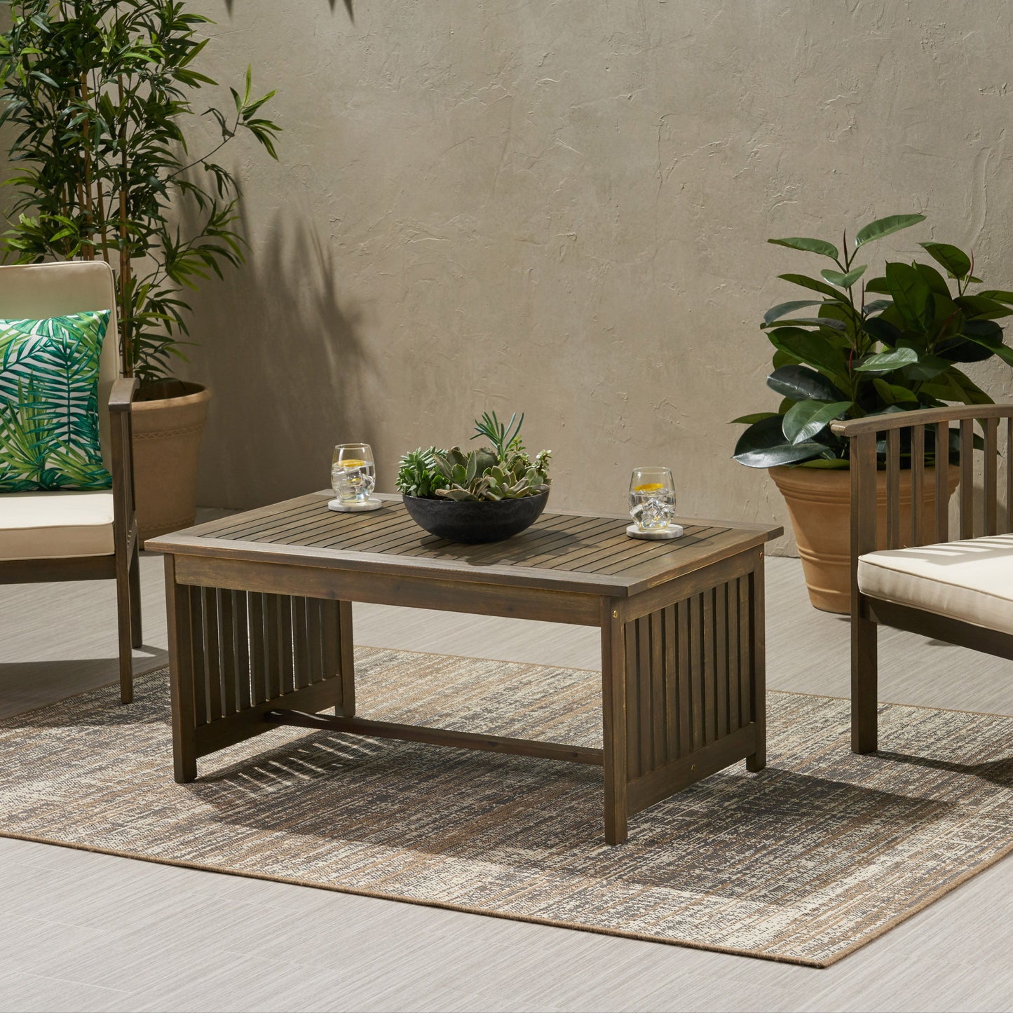 Acacia Wood Outdoor Coffee Table, Rectangular Patio Coffee Table For Outside - Gray