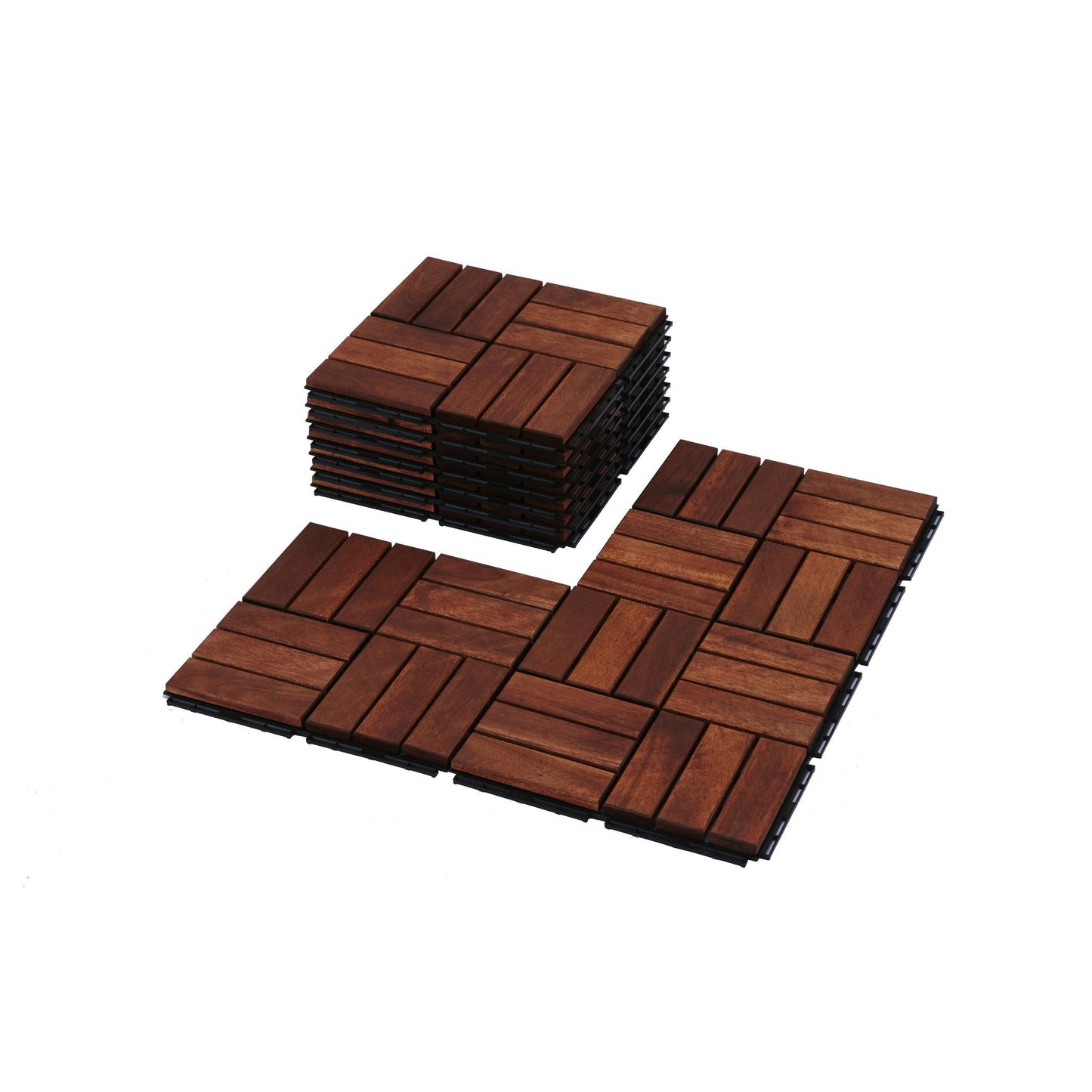 Acacia Wood Interlocking Deck Tiles Checker Pattern, 10 Piece Square Acacia Hardwood Outdoor Flooring For Patio, Bancony, Pool Side - Brown