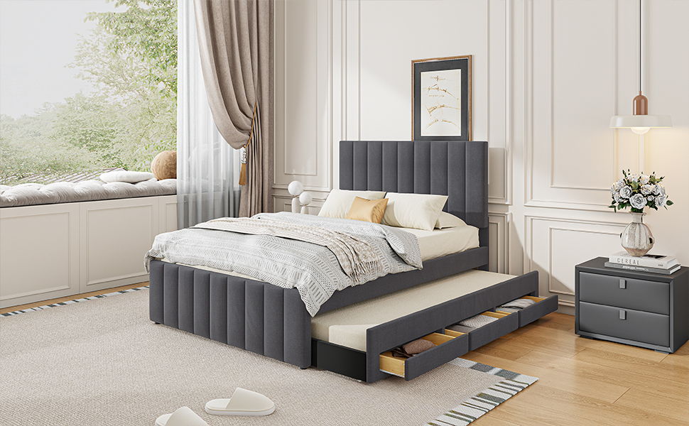 Full Size Upholstered Platform Bed With Twin Size Trundle And 3 Drawers - Gray
