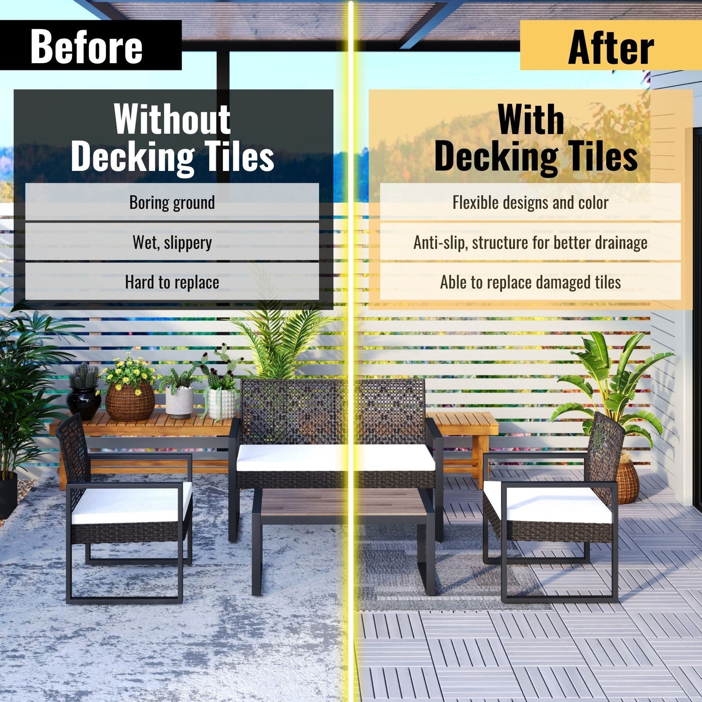 10 Piece Interlocking Deck Tiles Striped Pattern, Square Acacia Hardwood Outdoor Flooring For Patio, Bancony, Pool Side - Light Gray