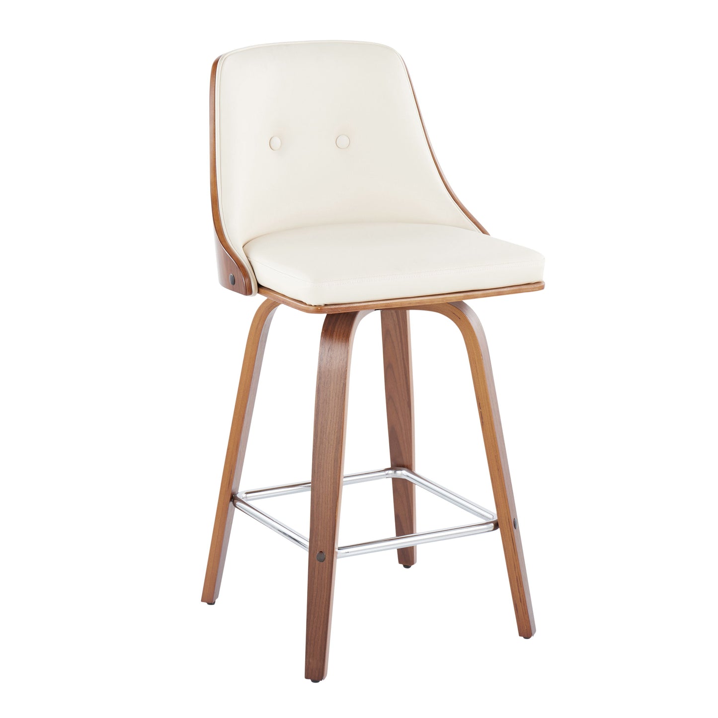 Gianna - Mid-Century Modern Fixed Height Counter Stool With Swivel With Square Footrest (Set of 2) - Walnut / Light Cream