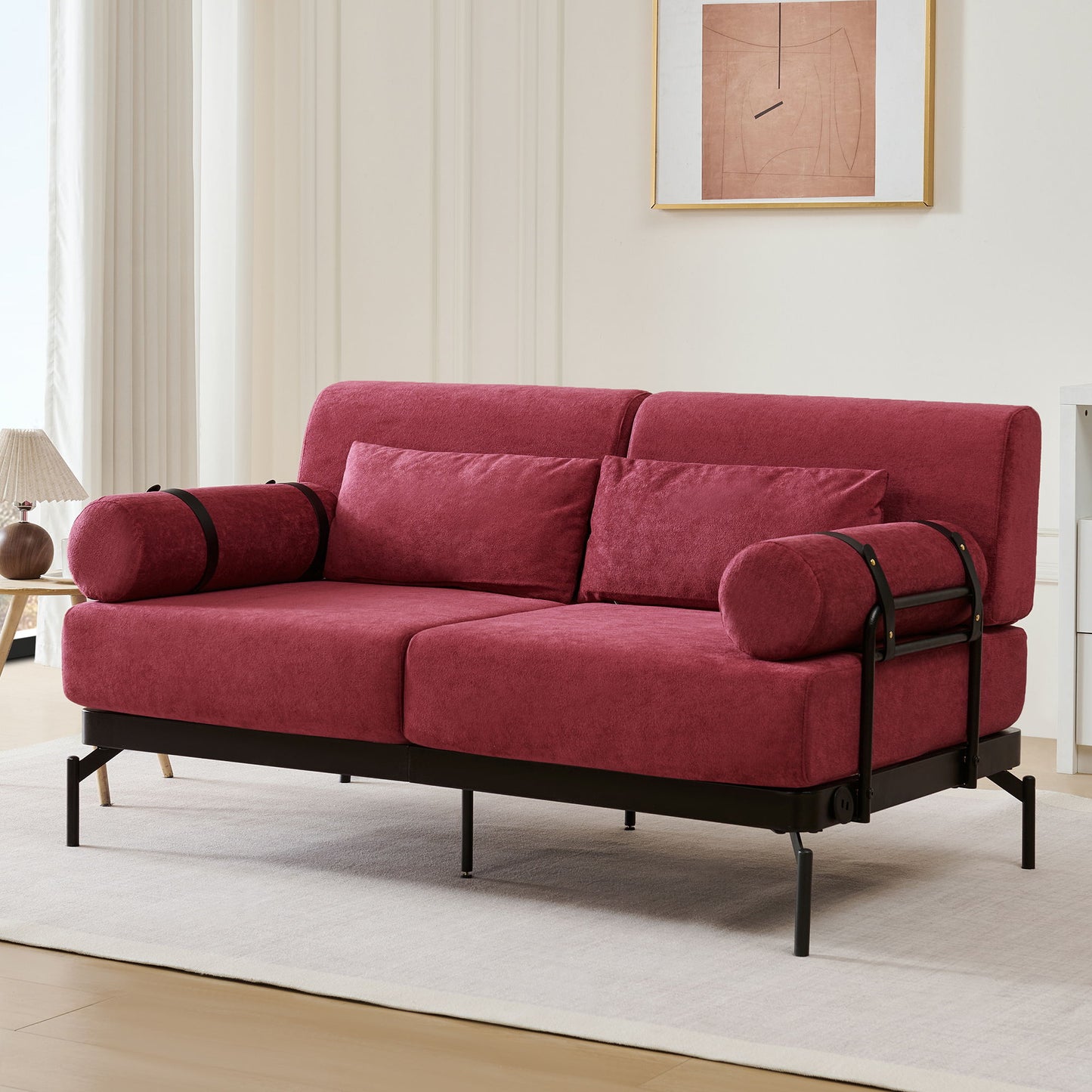 Modern Loveseat Sofa 59" Sofa Couch 2 Seater With USB Ports, Unique Cylindrical Armrests - Red