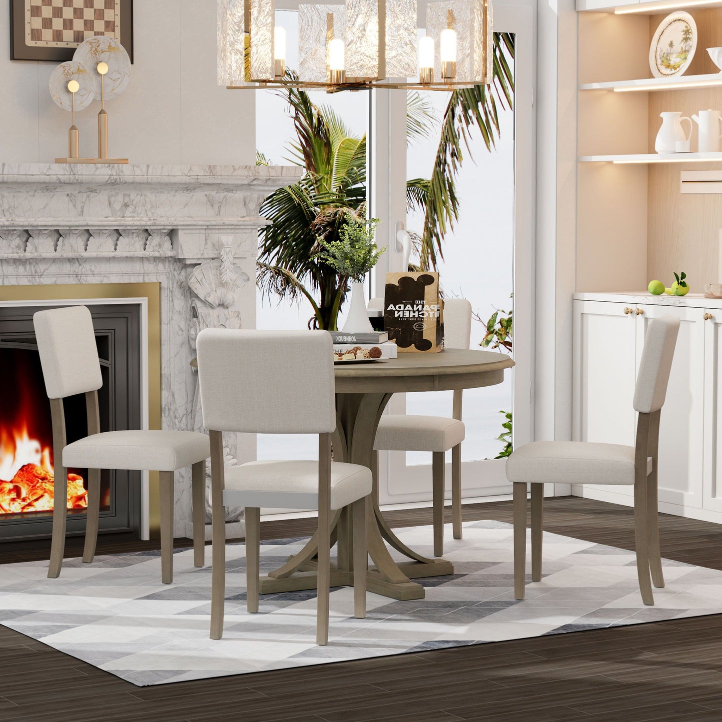 5 Piece Retro Round Dining Table Set With Curved Trestle Style Table Legs And 4 Upholstered Chairs For Dining Room - Taupe