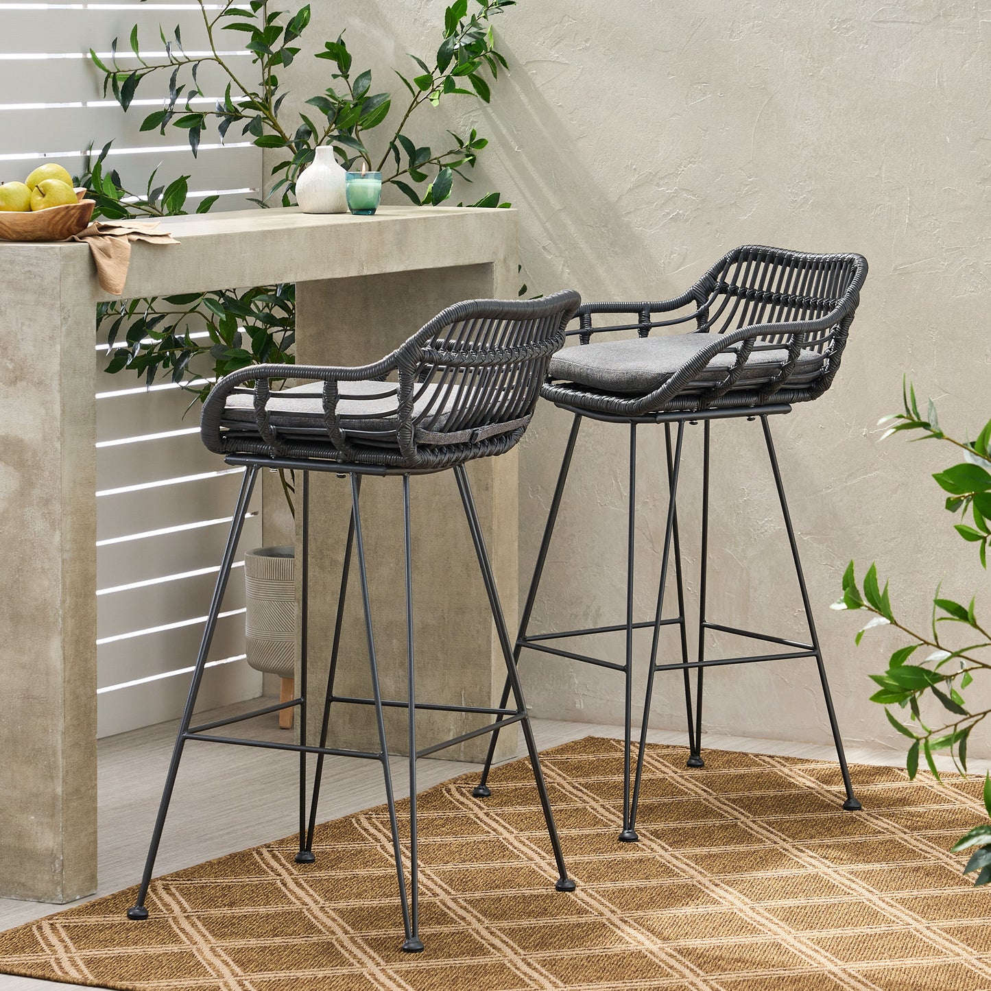 Outdoor Wicker Barstool With Cushions (Set of 2) - Gray