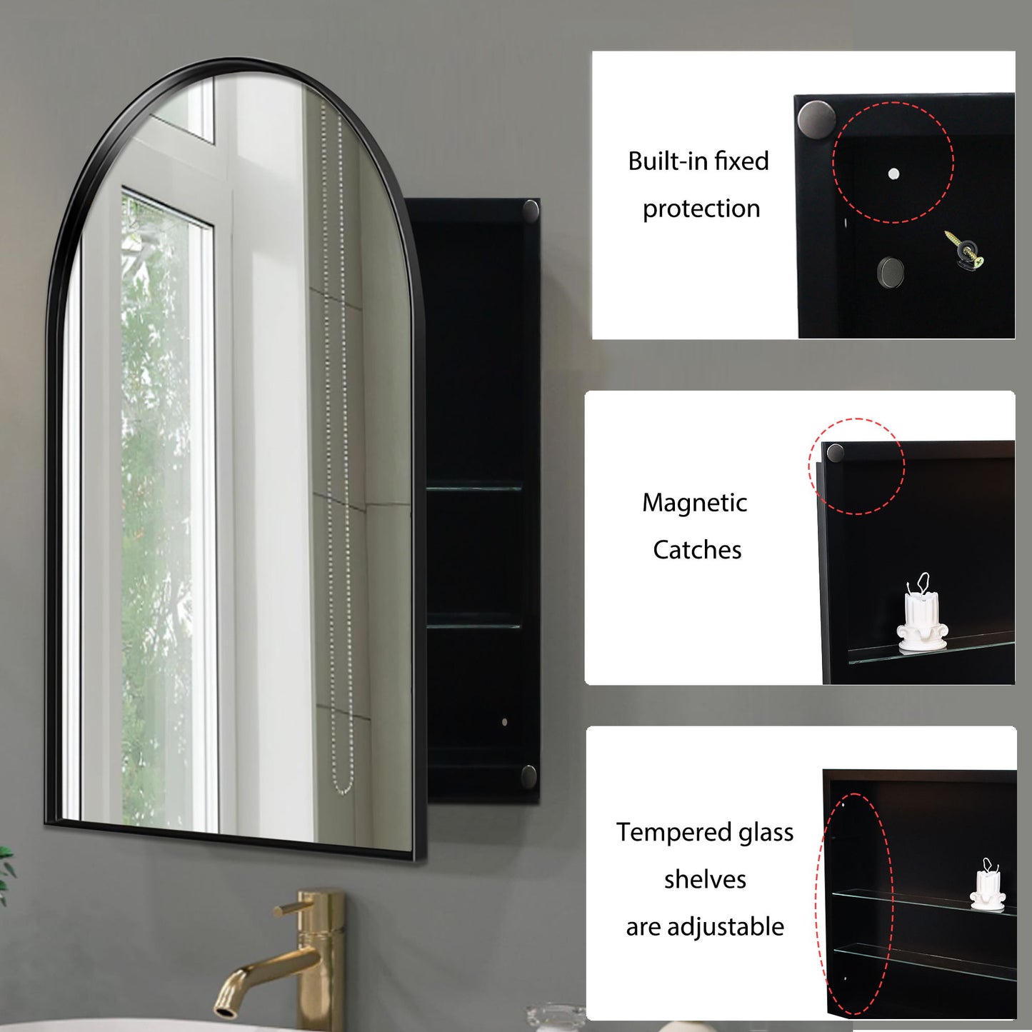 Arched Recessed Medicine Cabinet, Metal Framed Bathroom Wall Cabinet With Mirror And Adjustable Shelves, Wall Mirror With Storage For Bathroom - Matte Black
