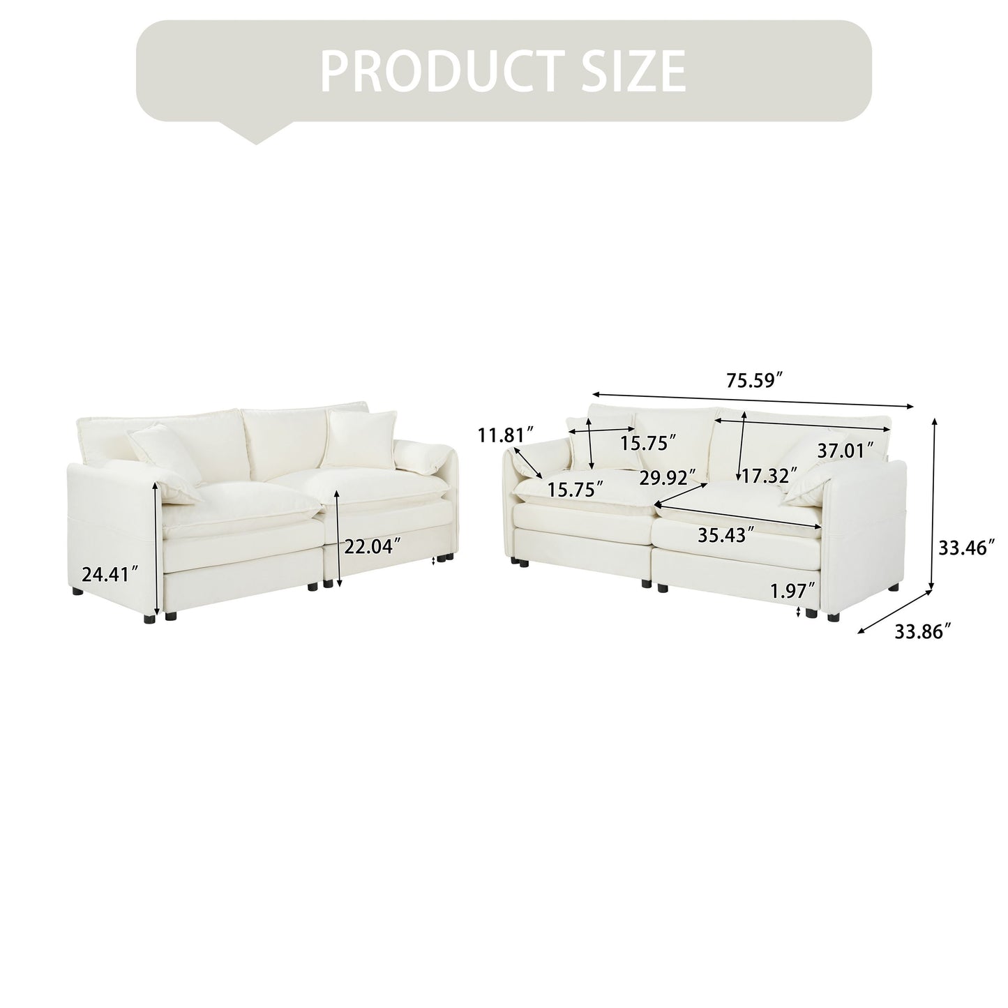 Oversized Deep Seat Luxury 2 Piece Sofa Set, Modern Chenille Comfy Cloud Couches With 4 Pillows - Beige