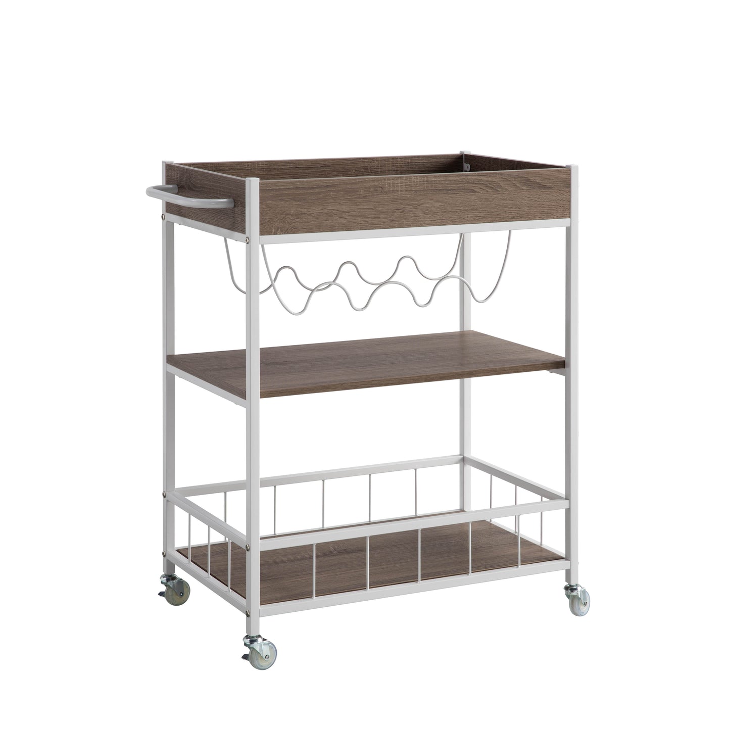 Rolling Kitchen Cart With Three Tier Storage And Four Wine Bottle Rack - Brown / White Metal