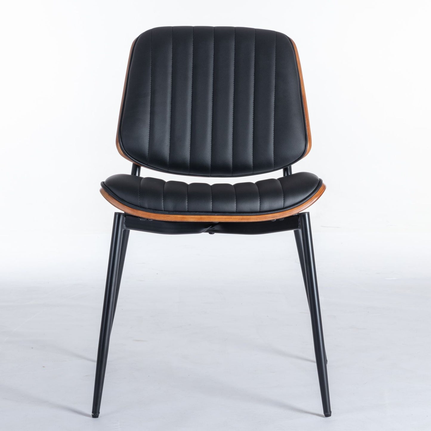 Dining Chairs Mid-Century Modern Retro Faux Leather Chair With Walnut Bentwood Back Upholstered Seat Metal Legs Adjustable Foot For Kitchen Dining Room Chairs (Set of 2) - Black