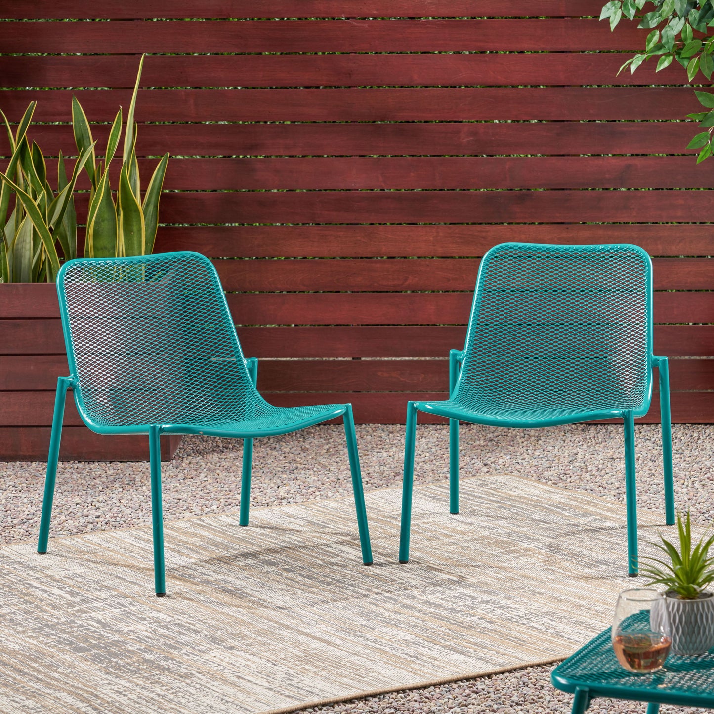 Outdoor Iron Chair With Mesh Design - Teal