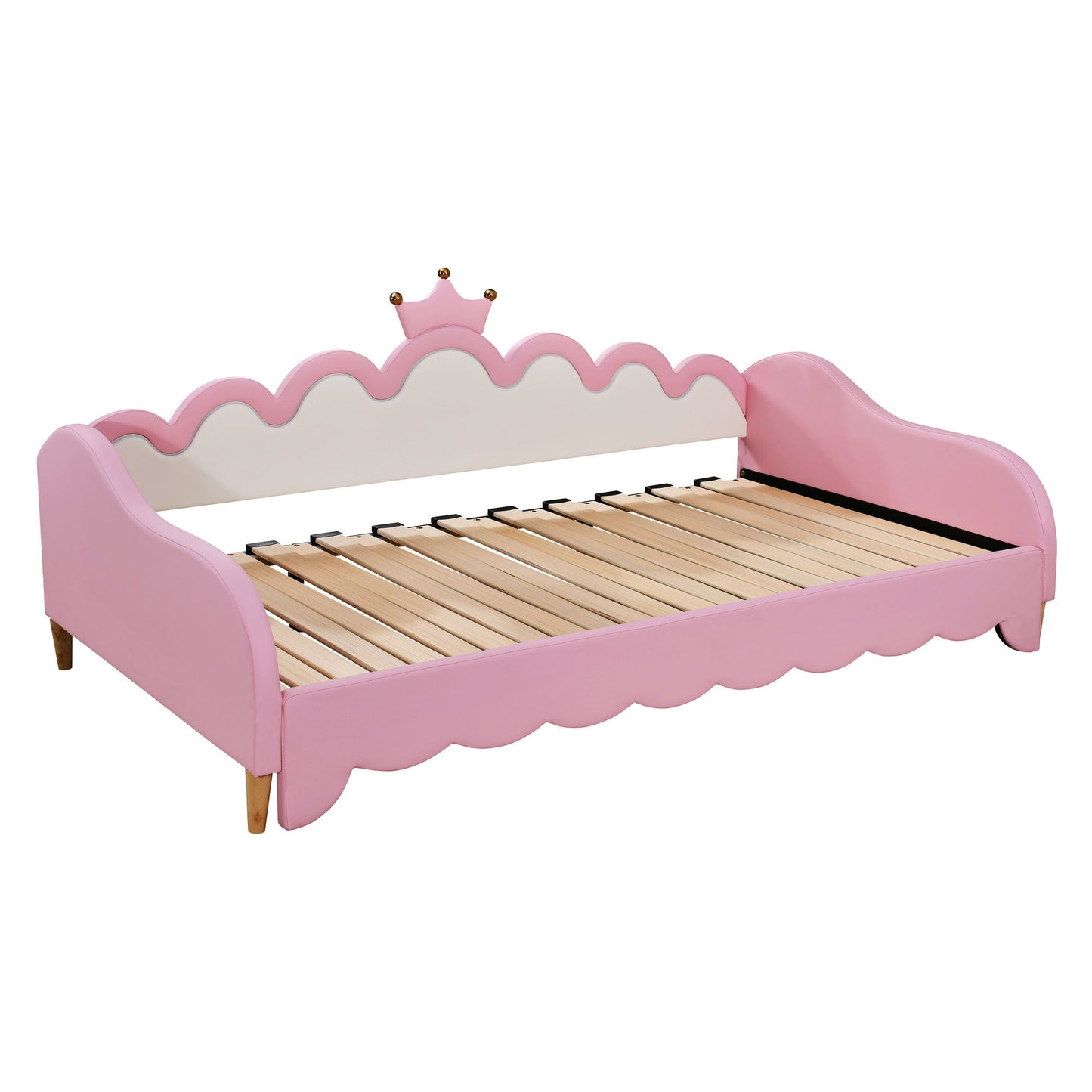 Twin Extending Daybed With LED Lights, Modern Upholstered Princess Daybed With Crown Headboard - Pink