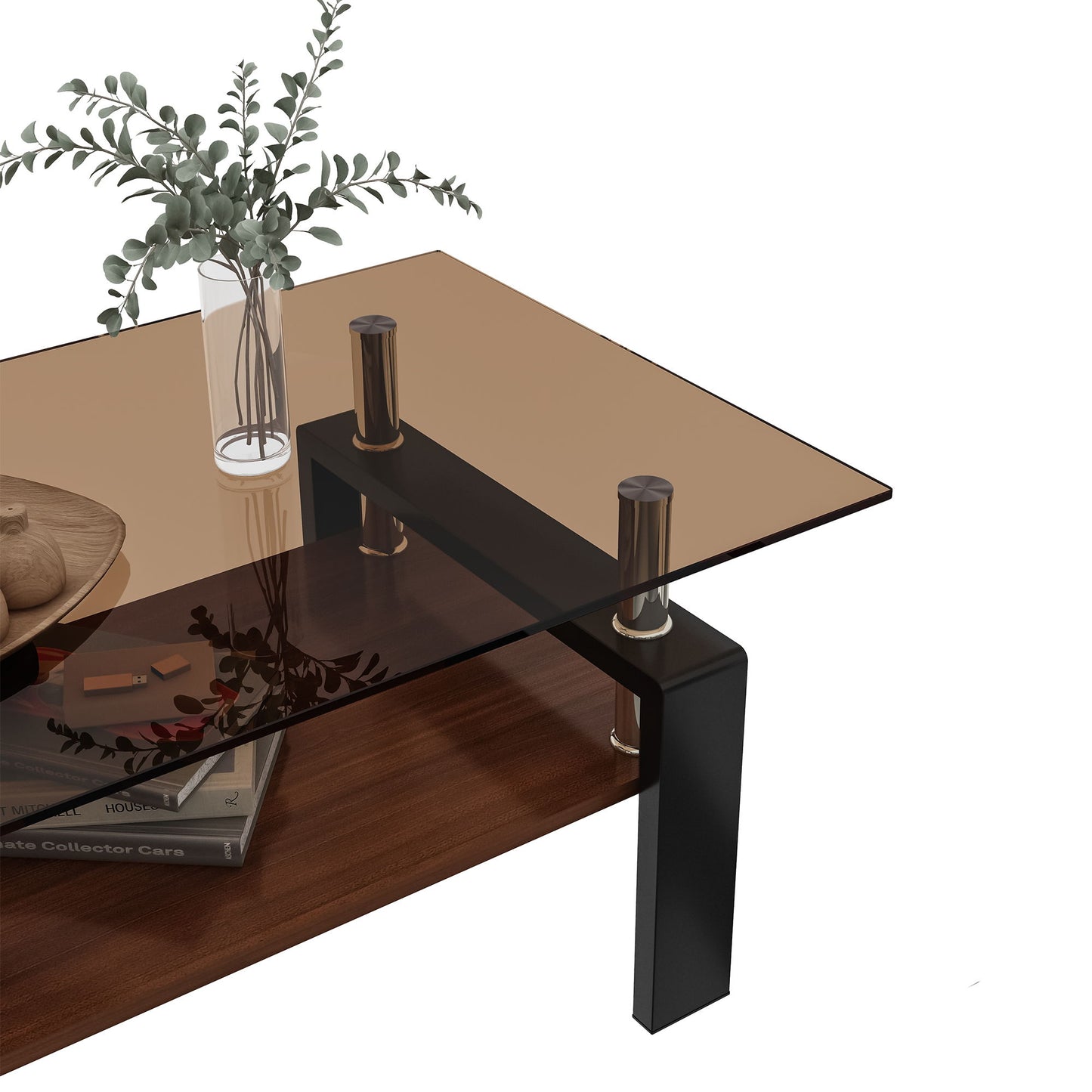 Modern Rectangular Coffee Table With Tempered Brown Glass Top And Layer Table For Living Room - Brown / Black