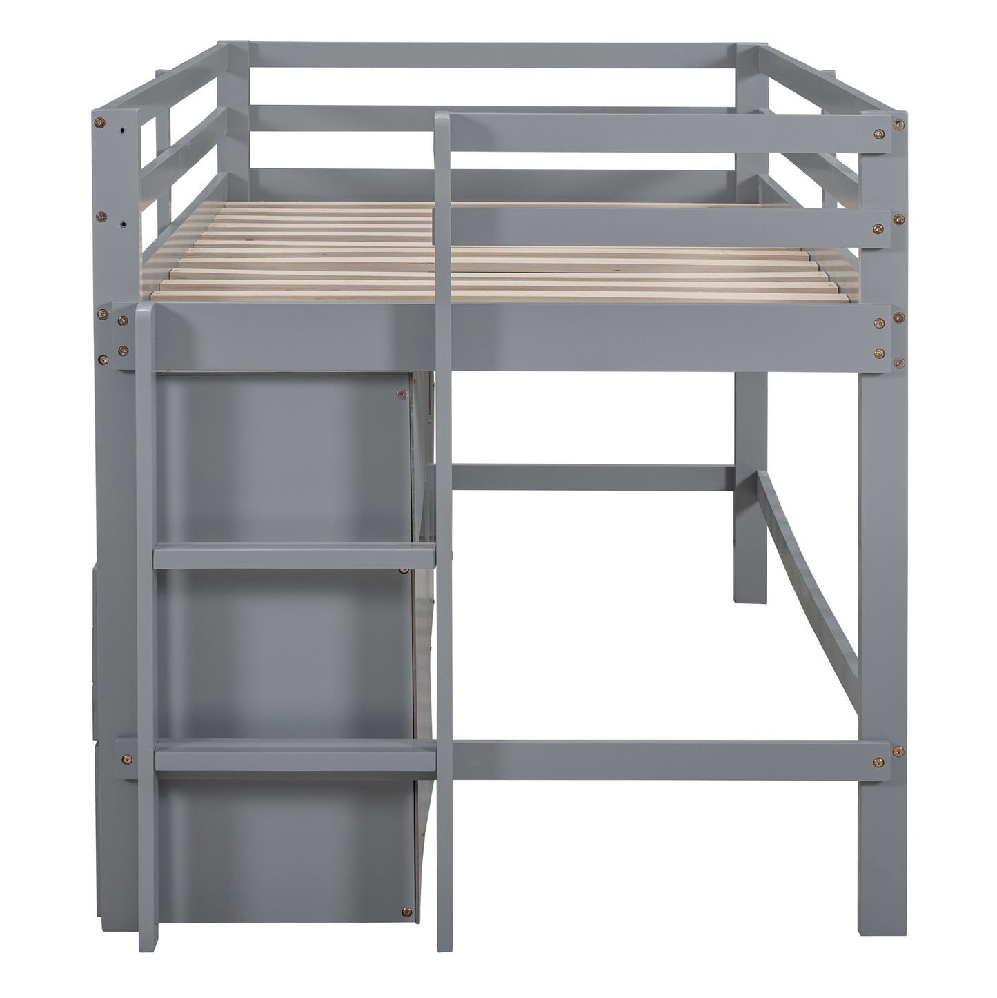 Twin Size Loft Bed With 4 Drawers, Underneath Cabinet And Shelves - Gray