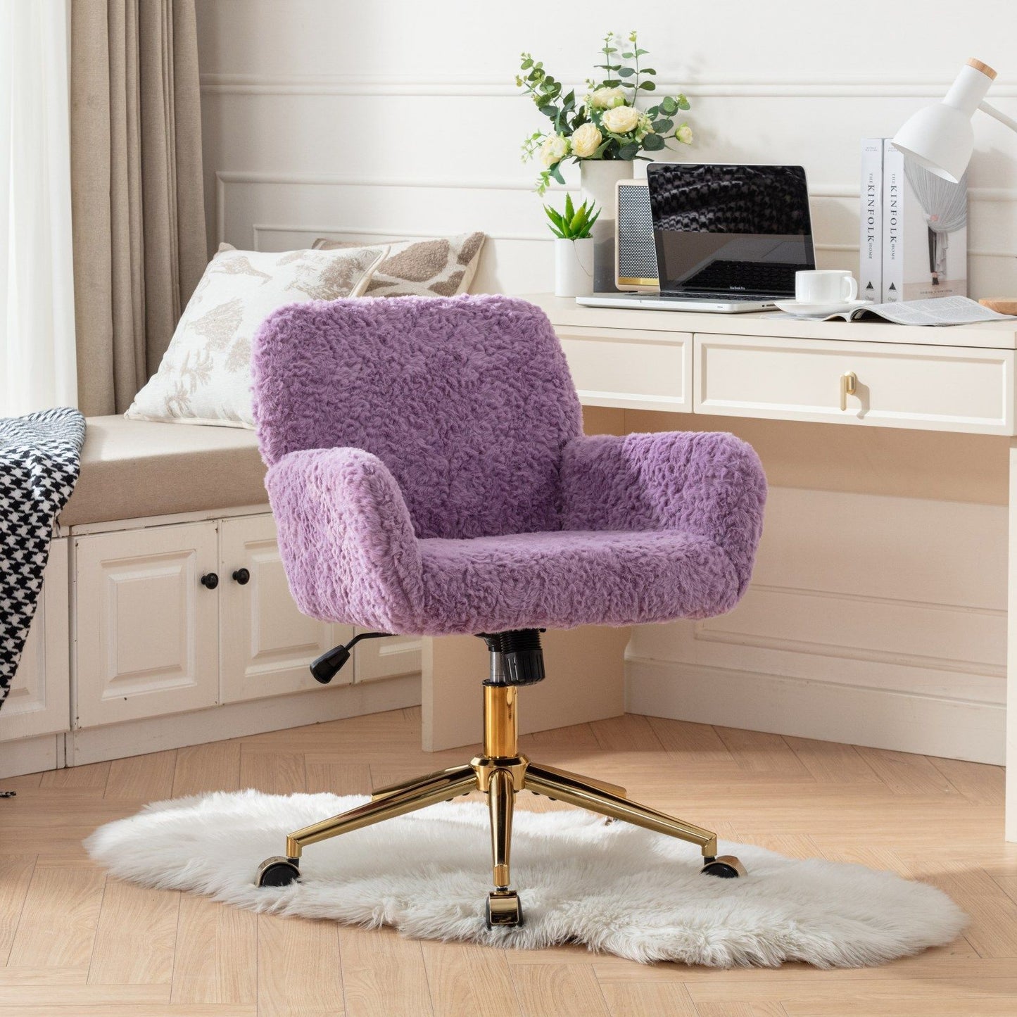 Office Chair, Artificial Rabbit Hair Home Office Chair With Golden Metal Base, Adjustable Desk Chair Swivel Office Chair, Vanity Chair - Violet