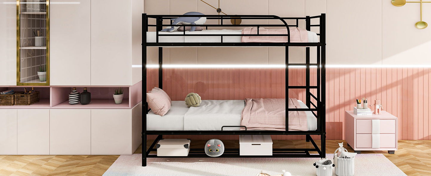 Twin Over Twin Bunk Bed With Shelf And Guardrails - Black