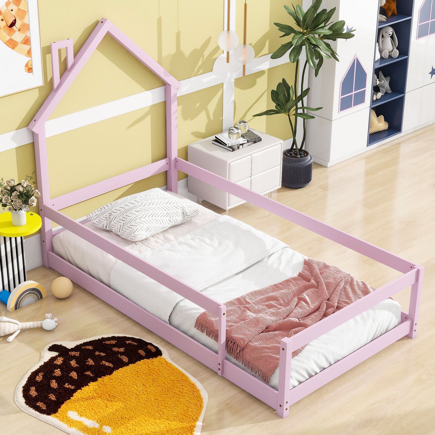 Twin Size Wood Bed With House-Shaped Headboard Floor Bed With Fences - Pink