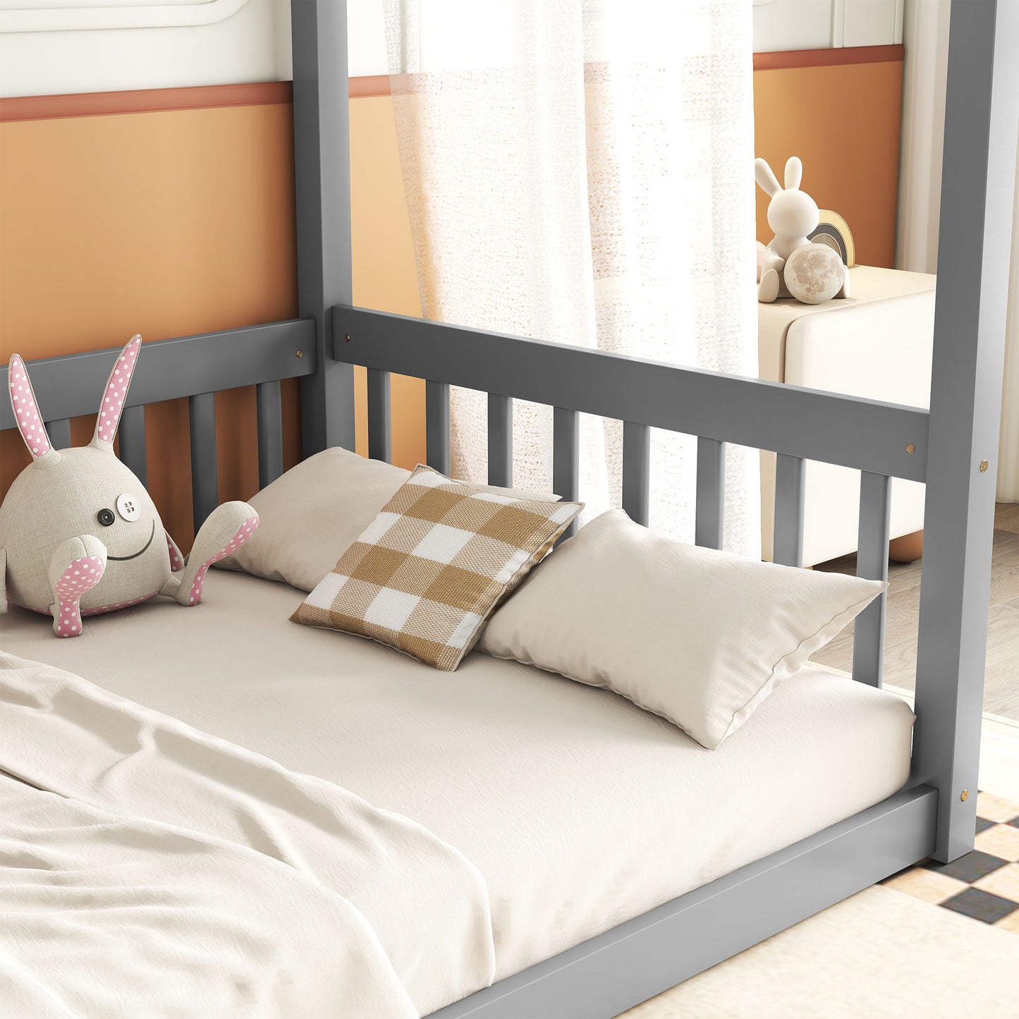 Twin Size Canopy Frame Floor Bed With Fence, Guardrails - Gray