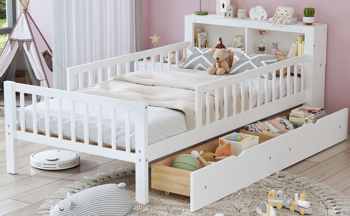 Twin Size Bed With Headboard Storage Rack, 2 Under Bed Drawers, 3 - Side Guardrails For Safety And Security - White