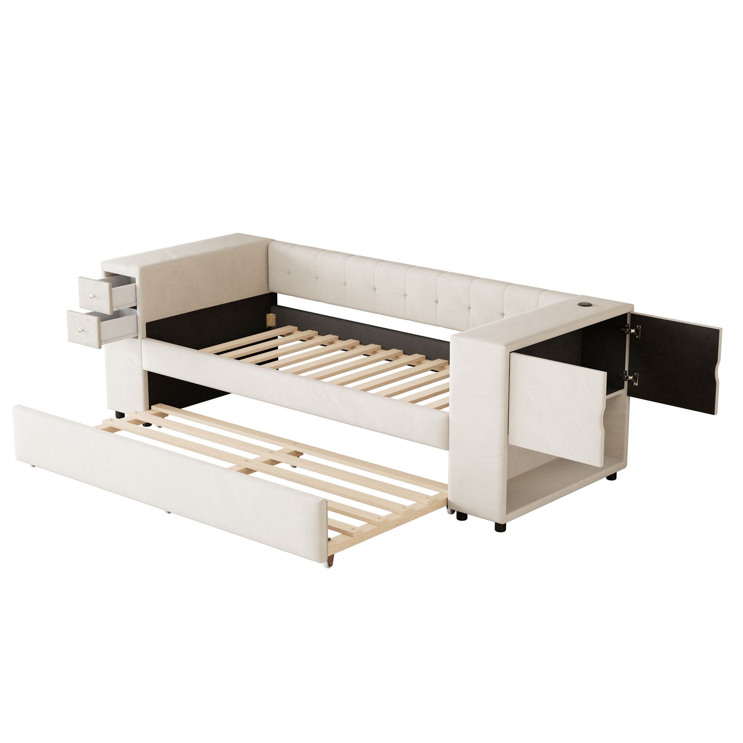 Twin Upholstered Bed With Storage And Twin Trundle, USB Charging Ports - Beige