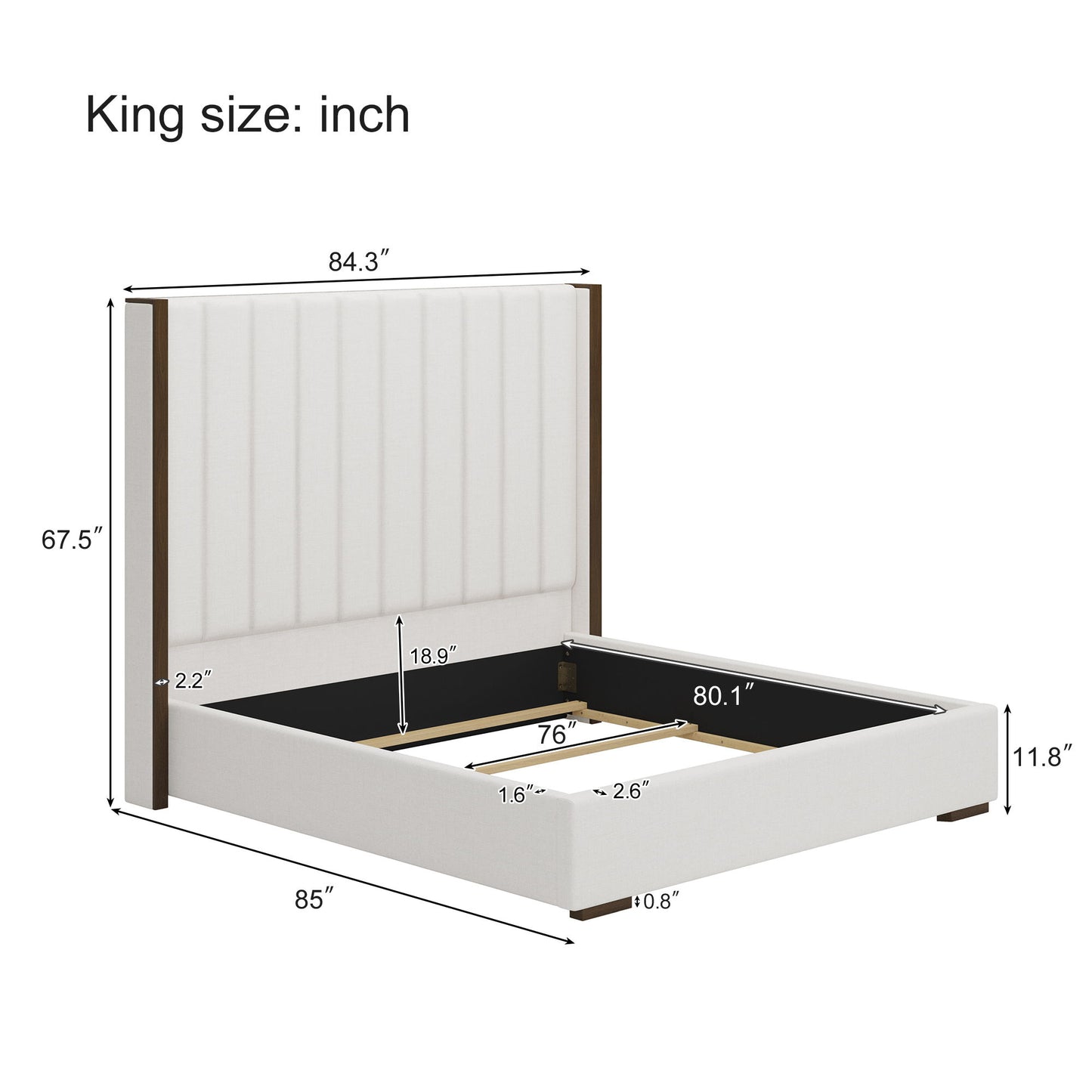 Tall Headboard Upholstered King Size Bed With Vertical Striped And Wingback Design, Box Spring Needed, Linen - Beige
