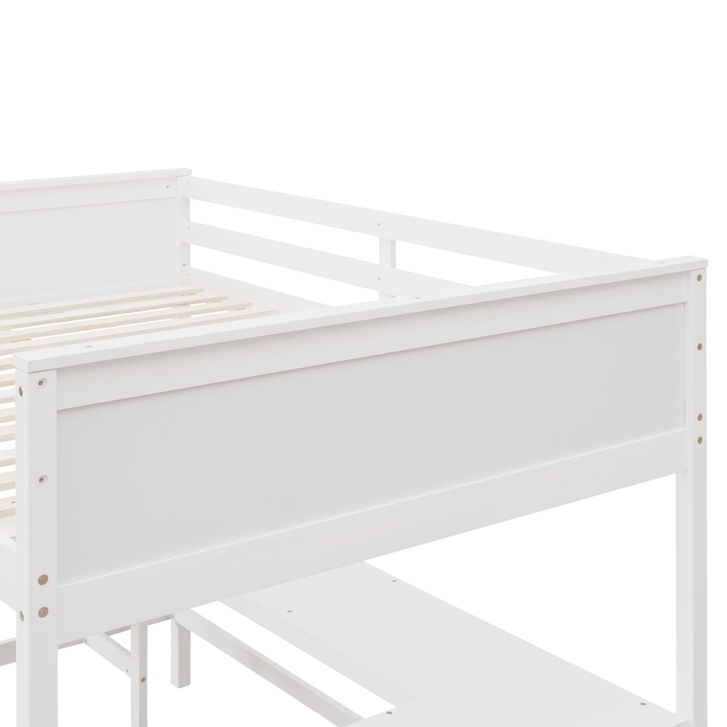 Full Size Loft Bed With Shelves With Desk - White