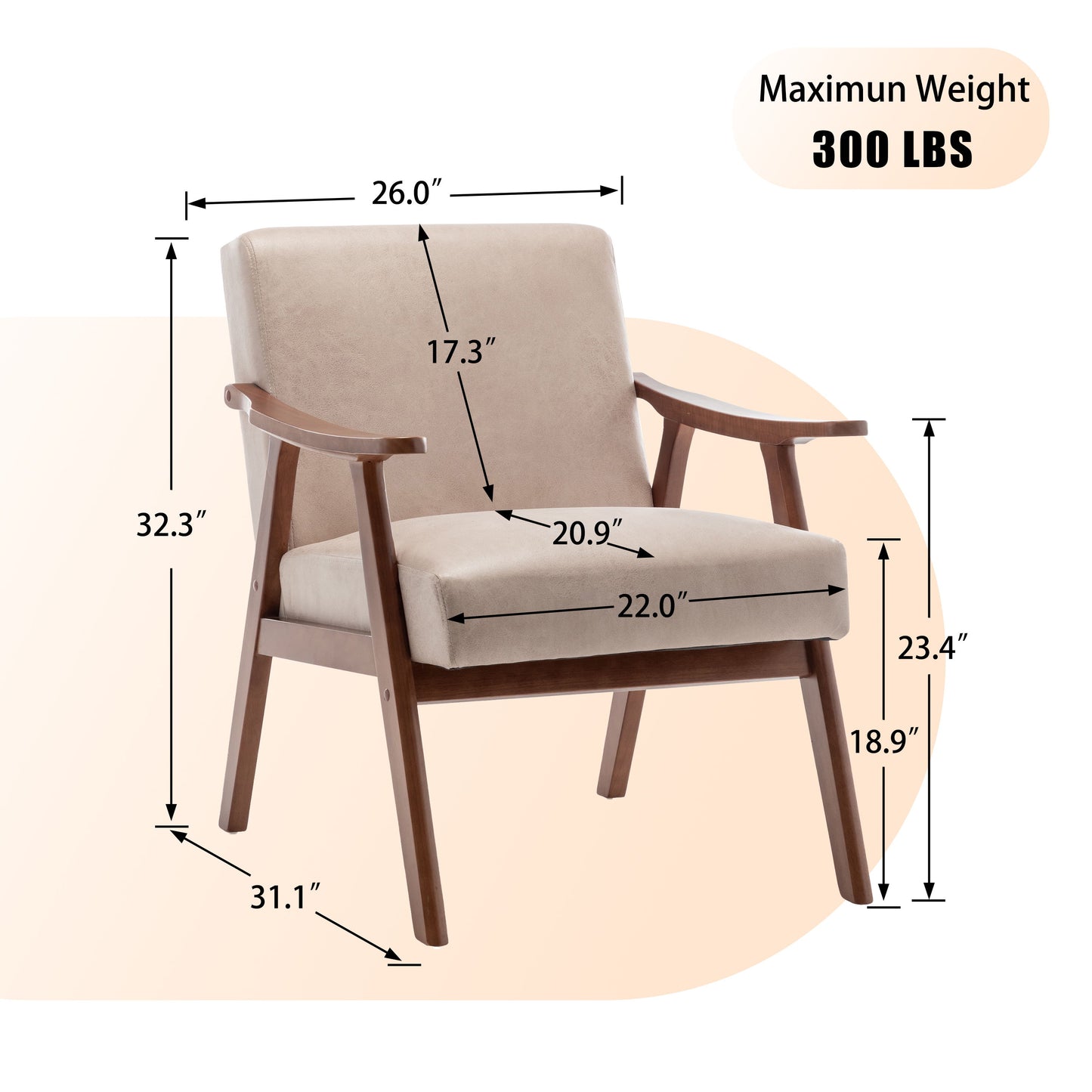Mid Century Modern Wingback Accent Chair With Solid Wood Frame And Extra Thick Backrest - Lounge Chair For Living Room, Bedroom, Or Reading Room - Light Camel