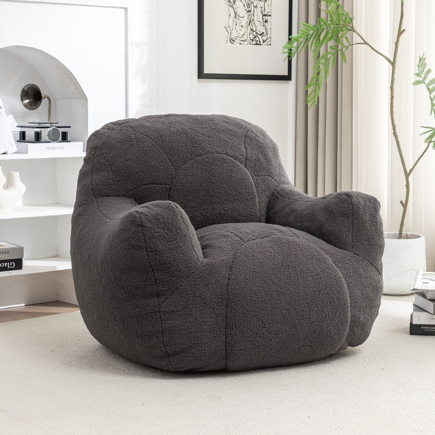 Comfy Bean Bag Chair With Filler, Tufted Memory Foam Sofa Teddy Fabric, Fluffy And Cozy Seating For Dorm, Apartment, Or Living Room - Dark Gray