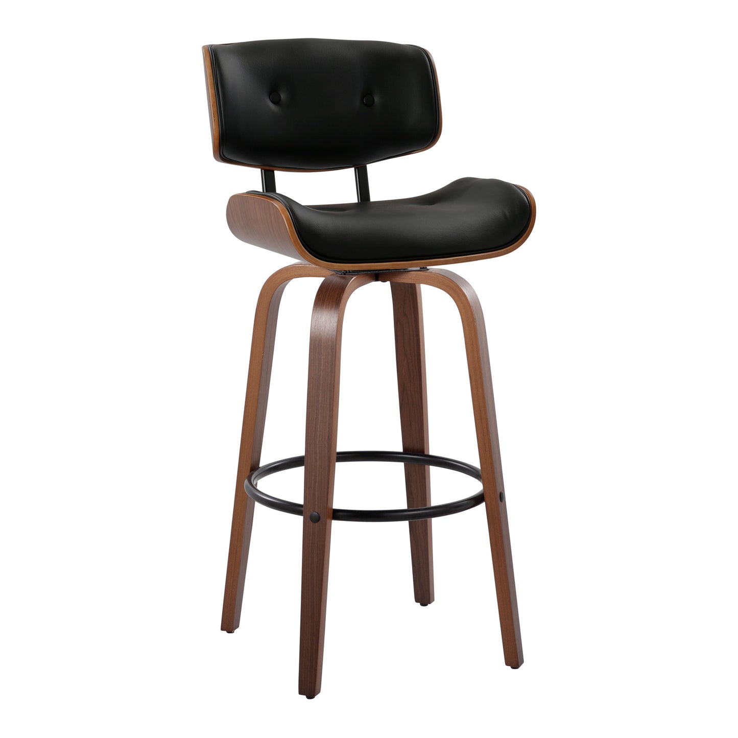 Lombardi - Mid-Century Modern Fixed Height Barstool With Swivel With Round Footrest (Set of 2) - Walnut / Black