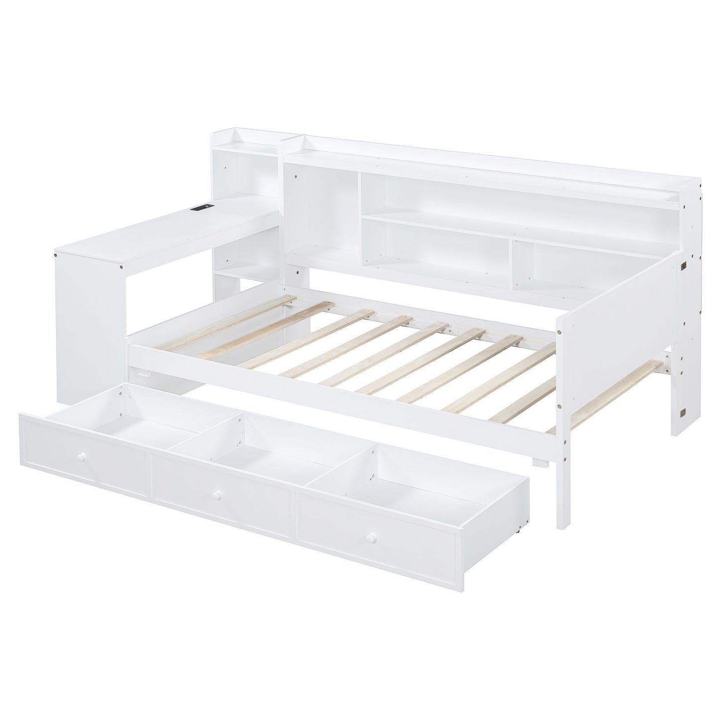 Twin Size Daybed With 3 Drawers USB Ports And Desk - White