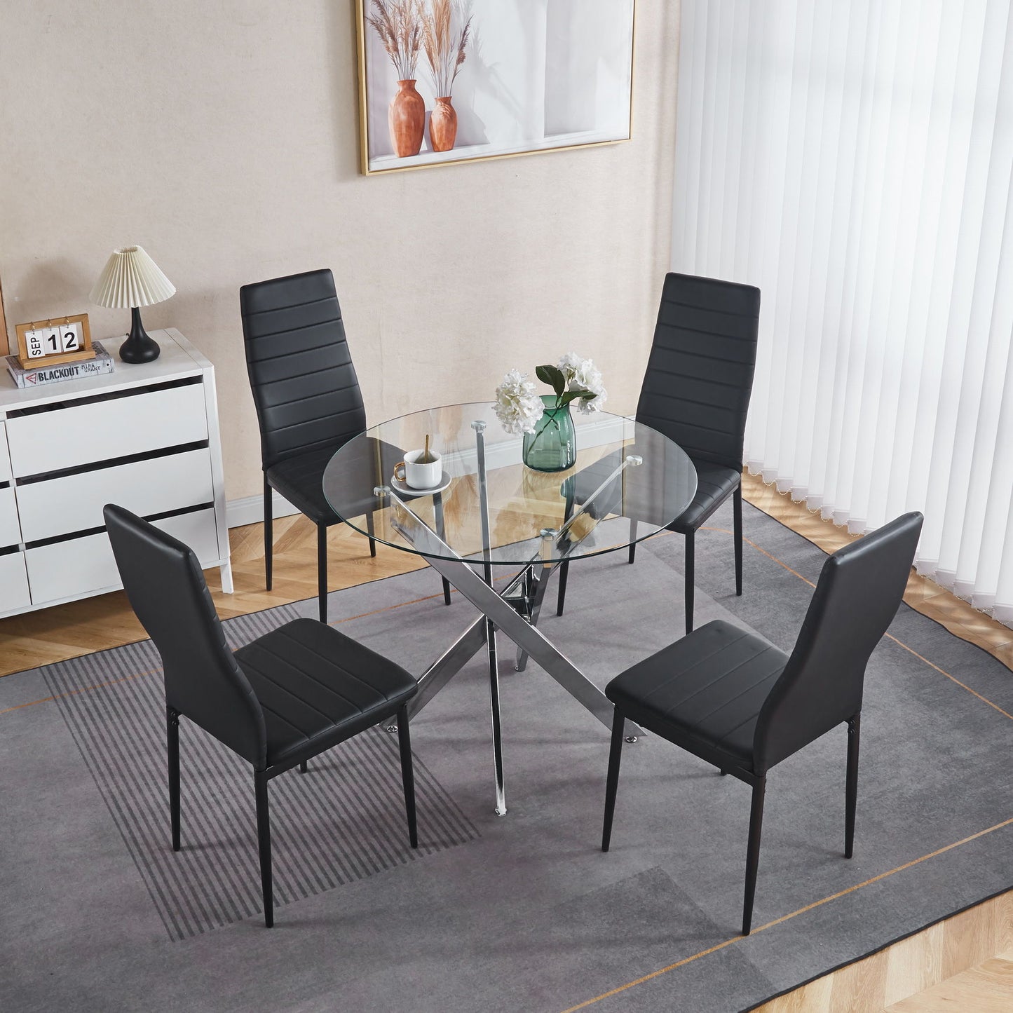 Dining Table With Cross Metal Leg And Tempered Glass, Modern Space Saving Kitchen Table For Living Room Legs - Chrome