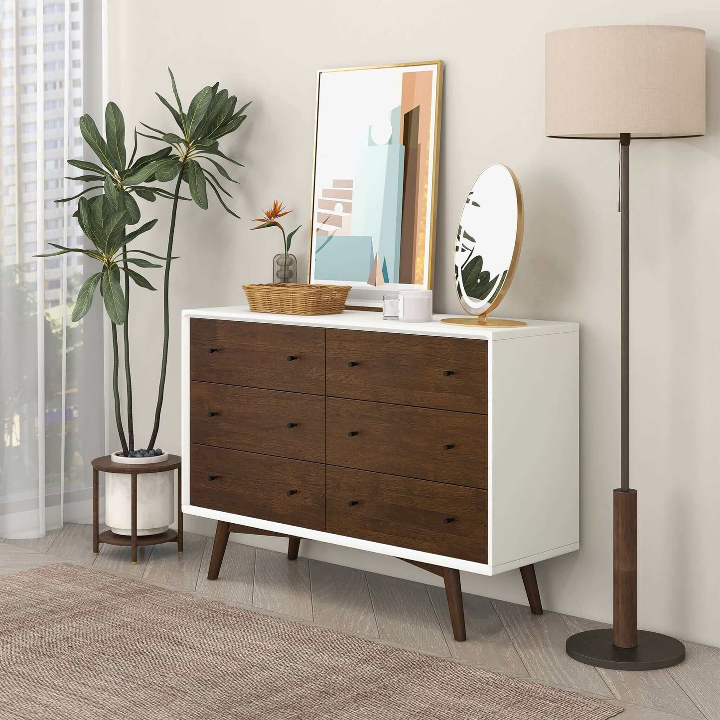 Mid-Century Modern White Dresser 6 Drawer - Dark Brown / White
