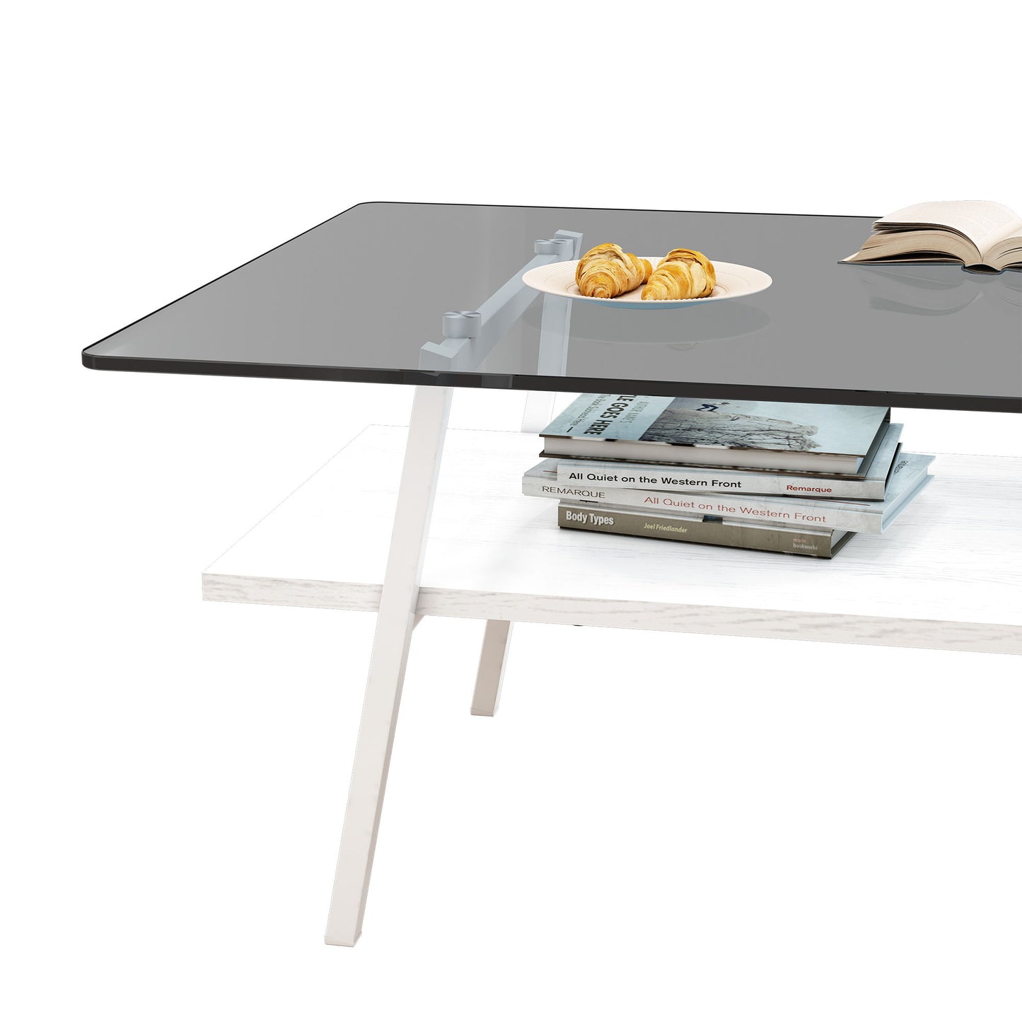 Rectangle Coffee Table, Tempered Glass Tabletop With White Metal Legs, Modern Table For Living Room - Gray