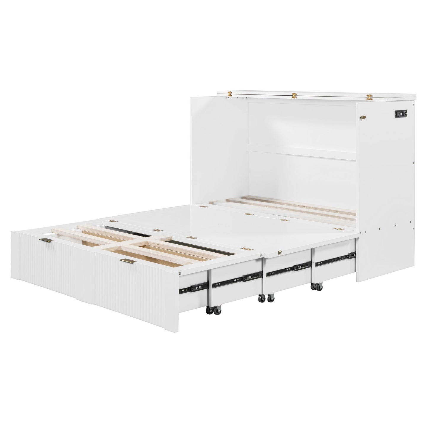 Full Size Murphy Bed With Drawer And A Set Of Sockets & USB Ports, Pulley Structure Design - White