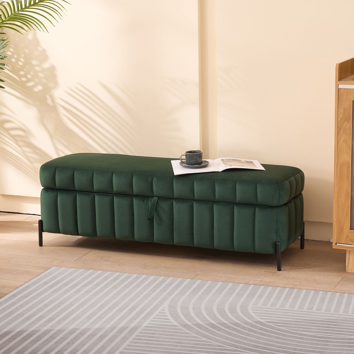 Wide Upholstered Velvet Storage Soft Bench Footstool Ottoman End Of Bed With Metal Legs, Foot Rest For Living Room, Entryway And Bedroom - Green