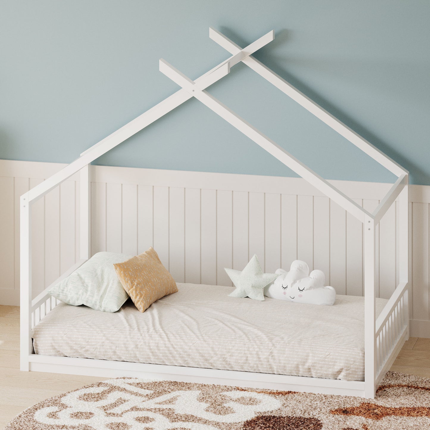 Full Size Montessori Style House Bed For Kids, Floor Bed Frame With Headboard And Footboard, Fence Bed For Girls, Boys, Slat Not Included - White
