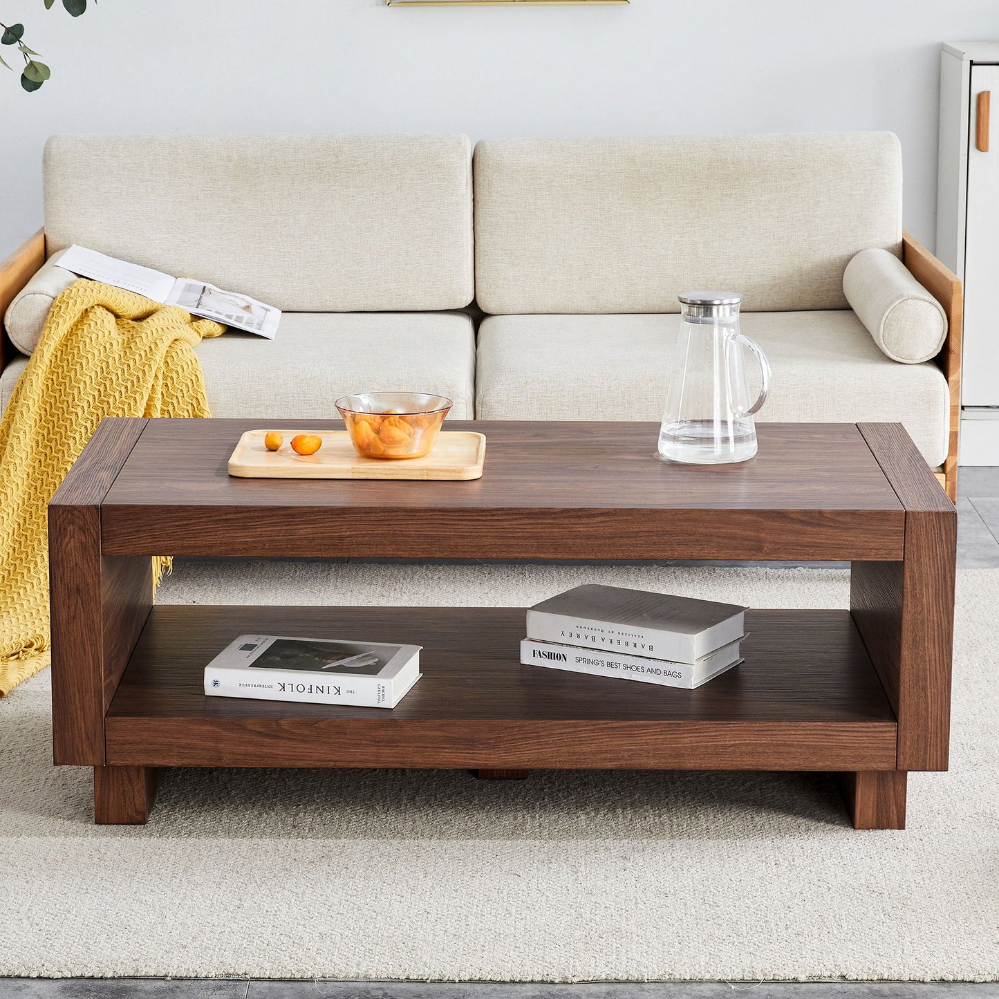 Modern Minimalist Rectangular Coffee Table Measuring Embodies The Simple Charm Of Mid Century Aesthetics, Adding A Touch Of Elegance To Your Living Room - Walnut