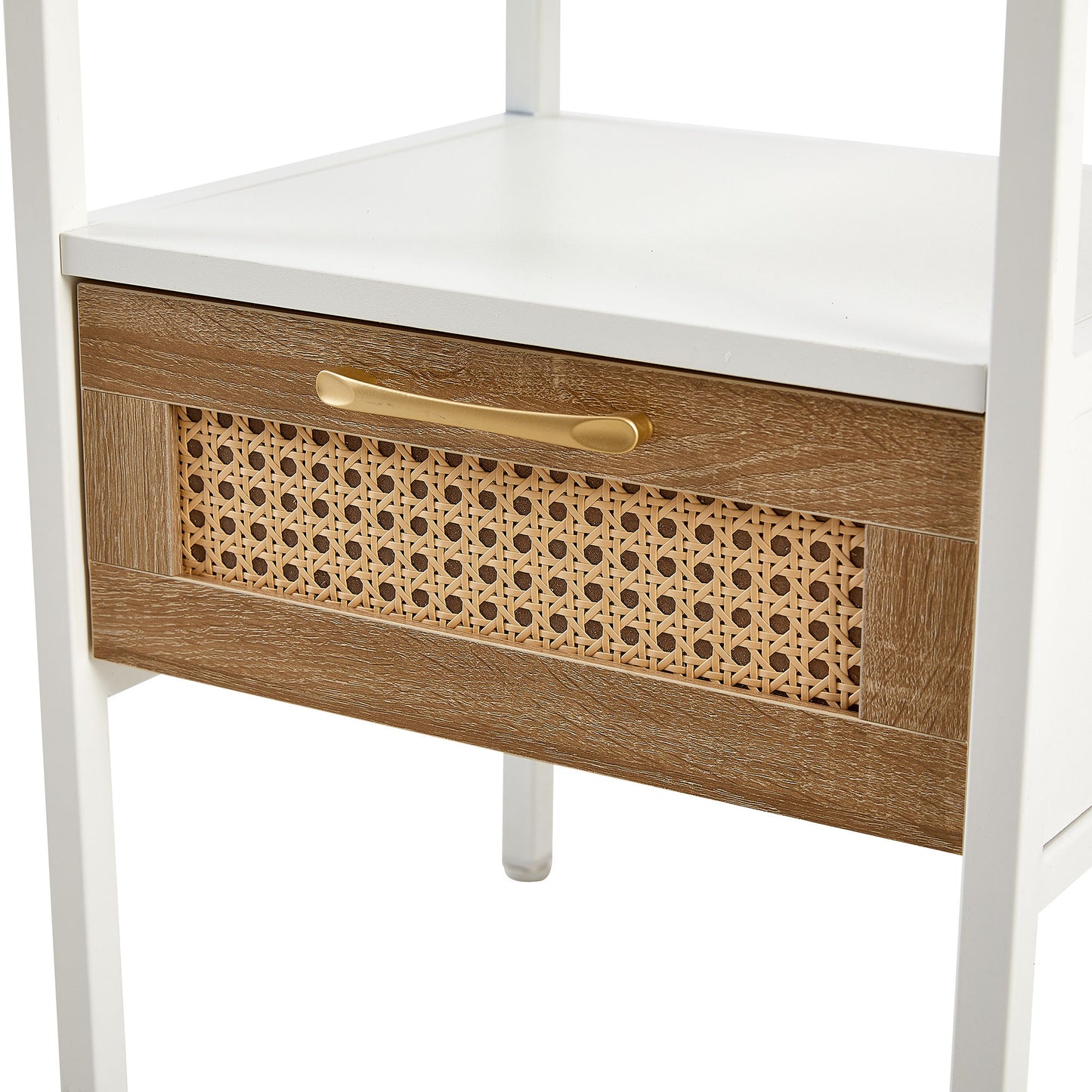 Rattan End Table With Drawer, Modern Nightstand, Metal Legs, Side Table For Living Room, Bedroom (Set of 2)- White