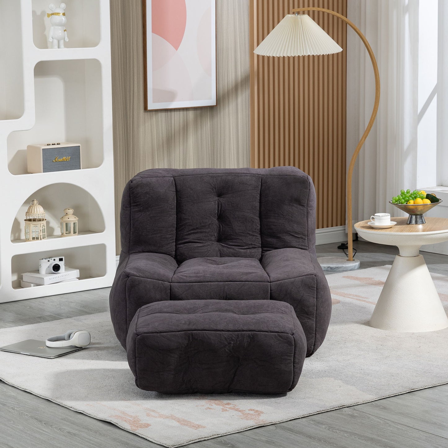 Fluffy Bean Bag Chair, Comfortable Bean Bag For Adults And Children, Super Soft Lazy Sofa Chair With Memory Foam And Ottoman, Indoor Modern Focus Bean Bag Chair For Living Room, Bedroom, Apartment - Black