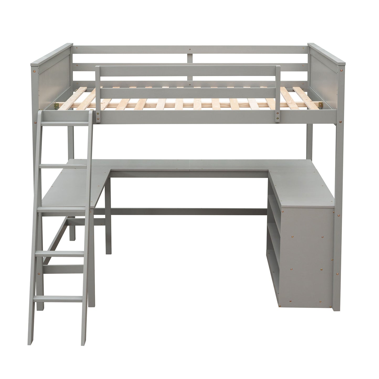 Full Size Loft Bed With Shelves With Desk - Gray