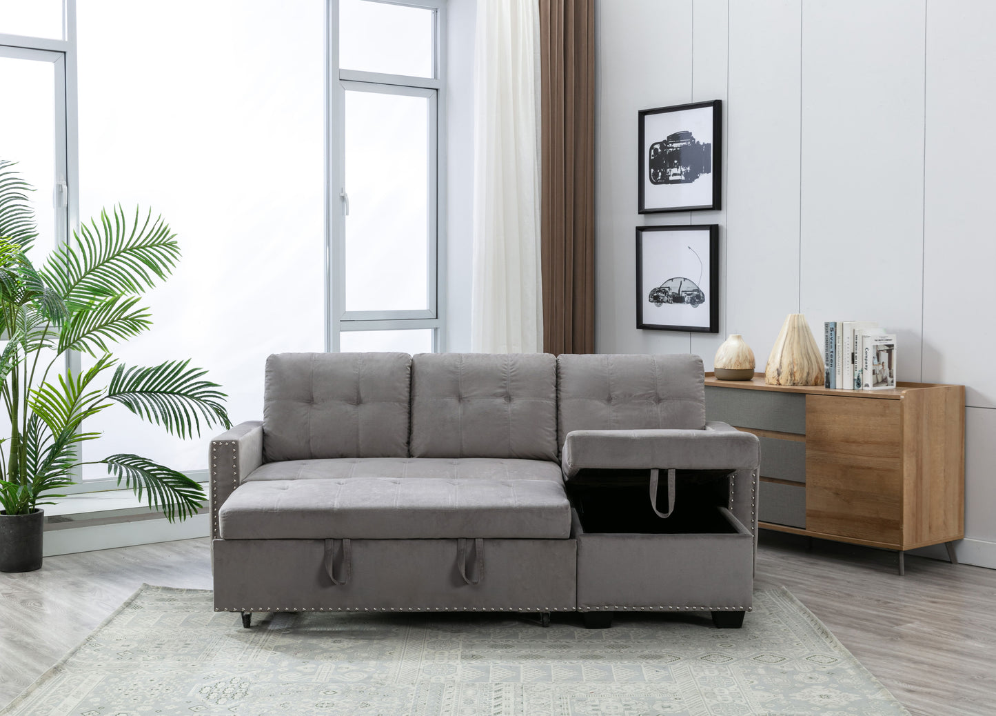Reversible Sectional Storage Sleeper Sofa Bed, L-Shape 2 Seat Sectional Chaise With Storage, Skin-Feeling Velvet Fabric - Light Gray