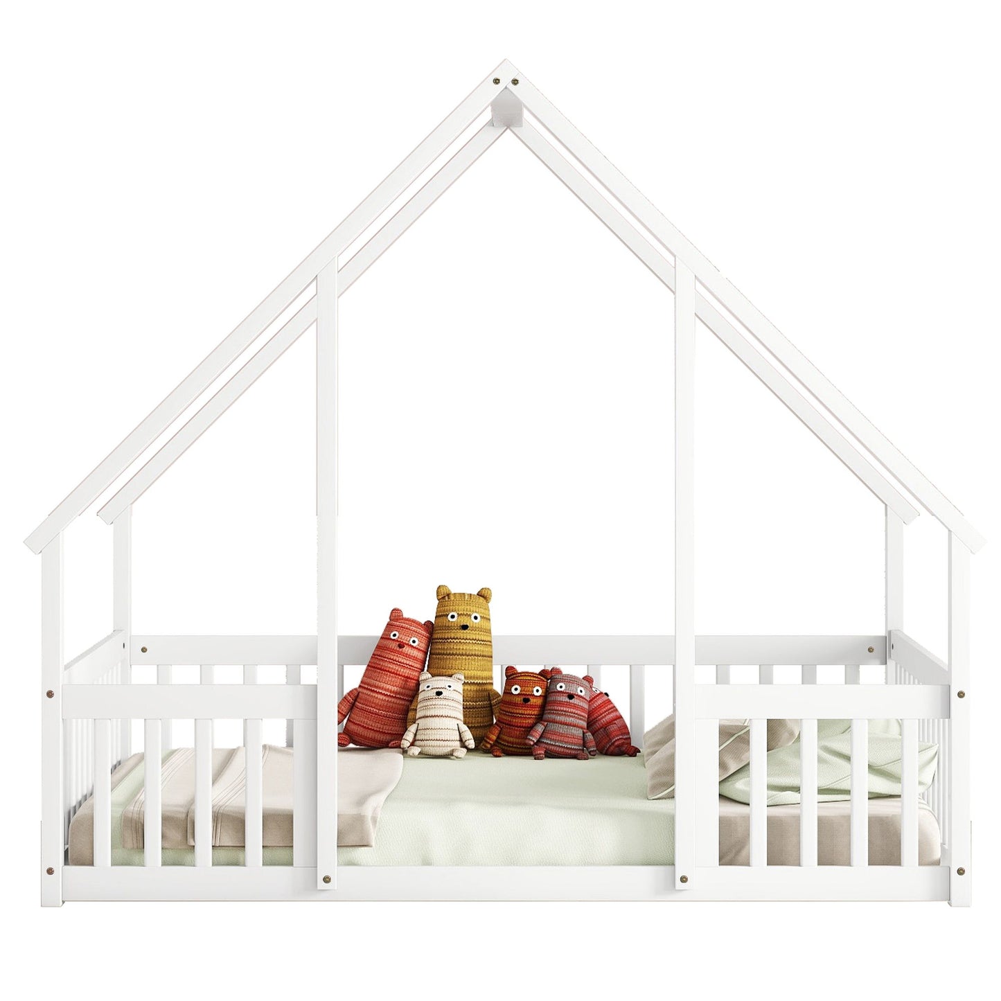Full Wood House-Shaped Floor Bed With Fence, Guardrails - White