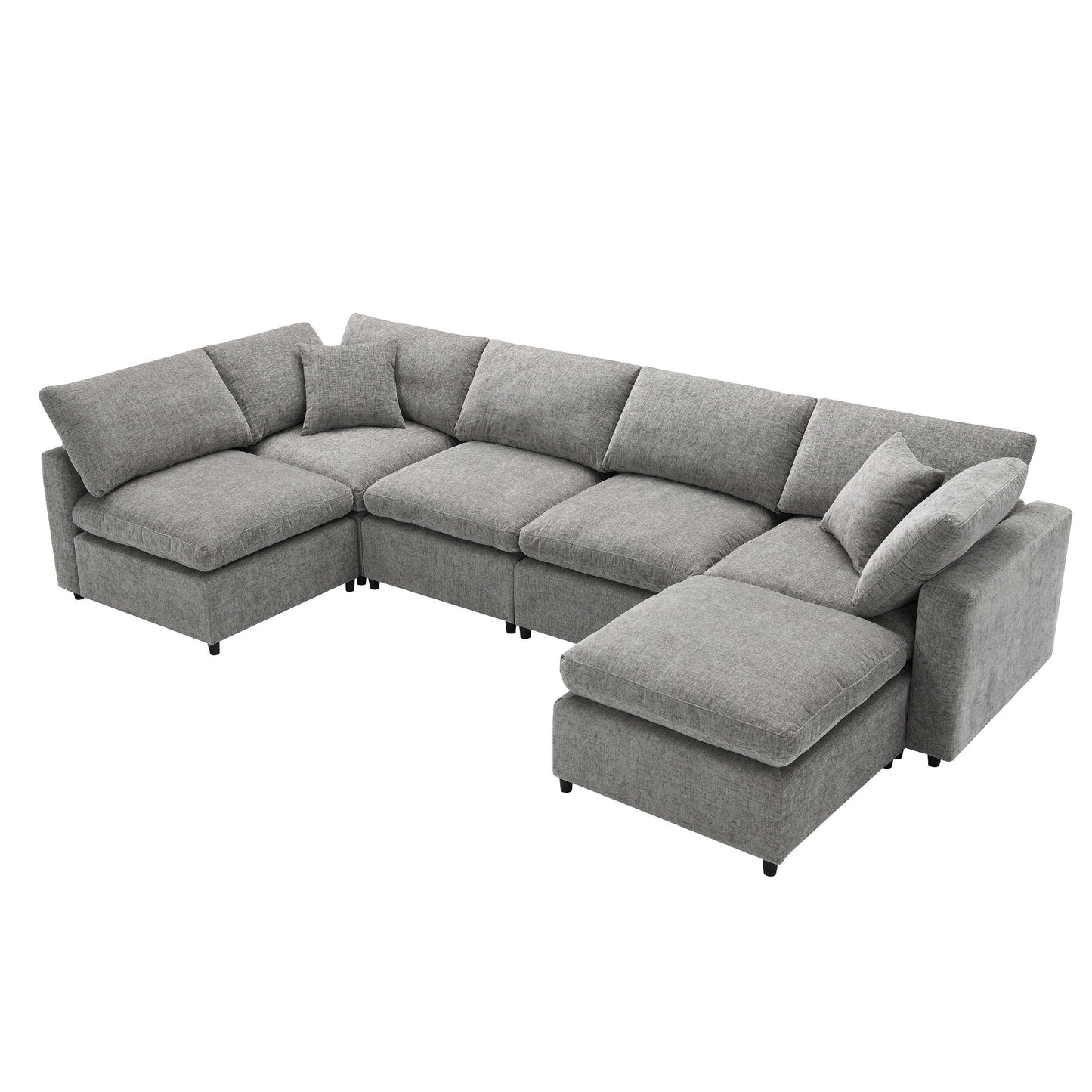 Modern Modular Cloud Sofa Bed, 6 Seat Chenille Sectional Couch Set With Ottoman, Free Combination, Convertible U Shaped Sleeper Sofa - Gray