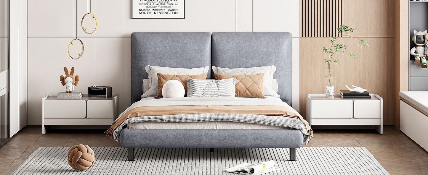 Queen Size Upholstered Platform Bed With 2 Large Headrests And Thick - Gray