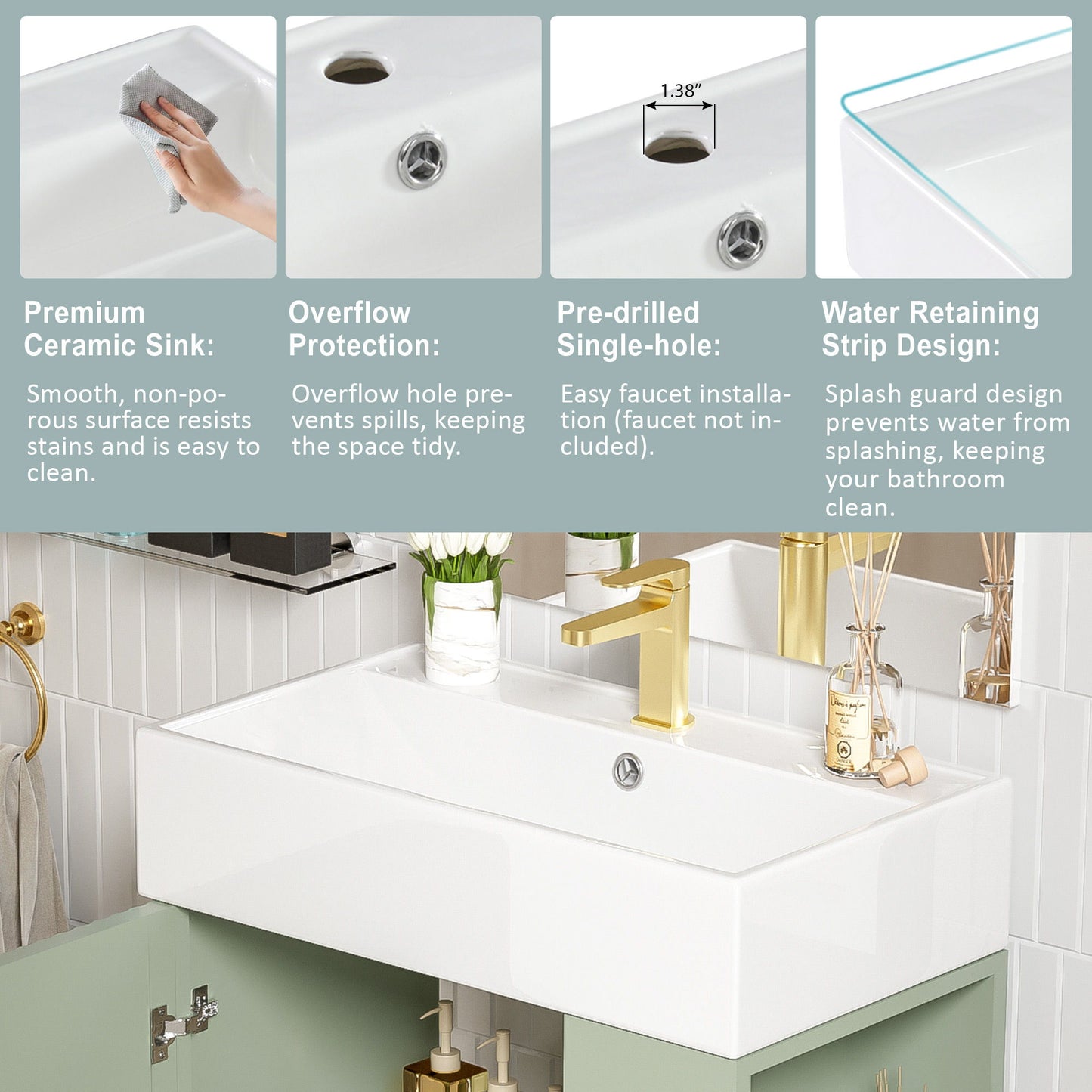 Bathroom Vanity, Combo Cabinet, Bathroom Storage Cabinet, Single Ceramic Sink, Right Side Storage - Green