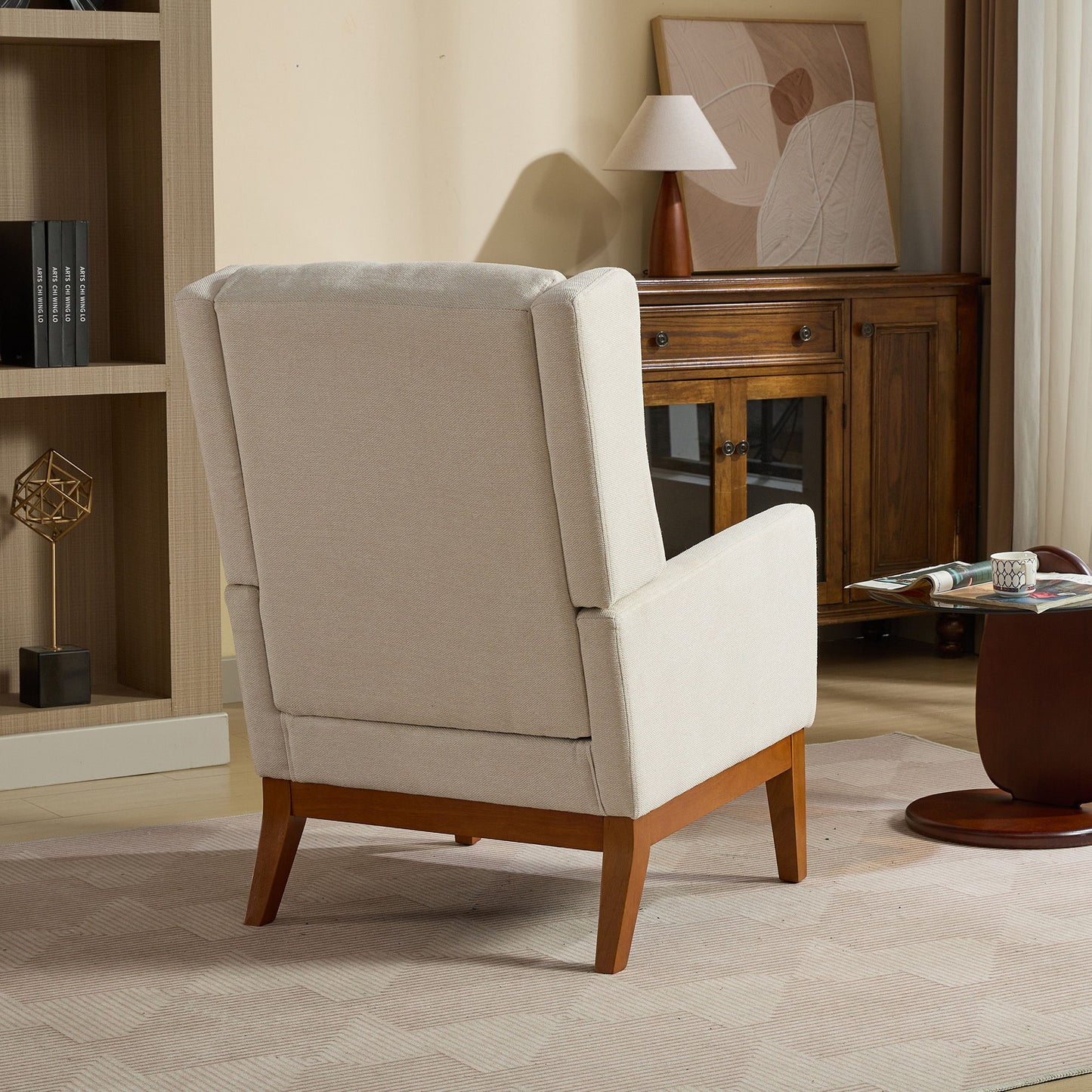 Wide Modern Accent Chair, Polyester Blend High Back Reading Chair, Upholstered Armchair Club Chair, Single Sofa With Wood Legs For Living Room, Reading Room, Office - Beige