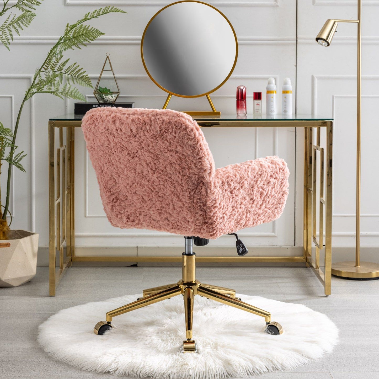 Office Chair, Artificial Rabbit Hair Home Office Chair With Golden Metal Base, Adjustable Desk Chair Swivel Office Chair, Vanity Chair - Pink
