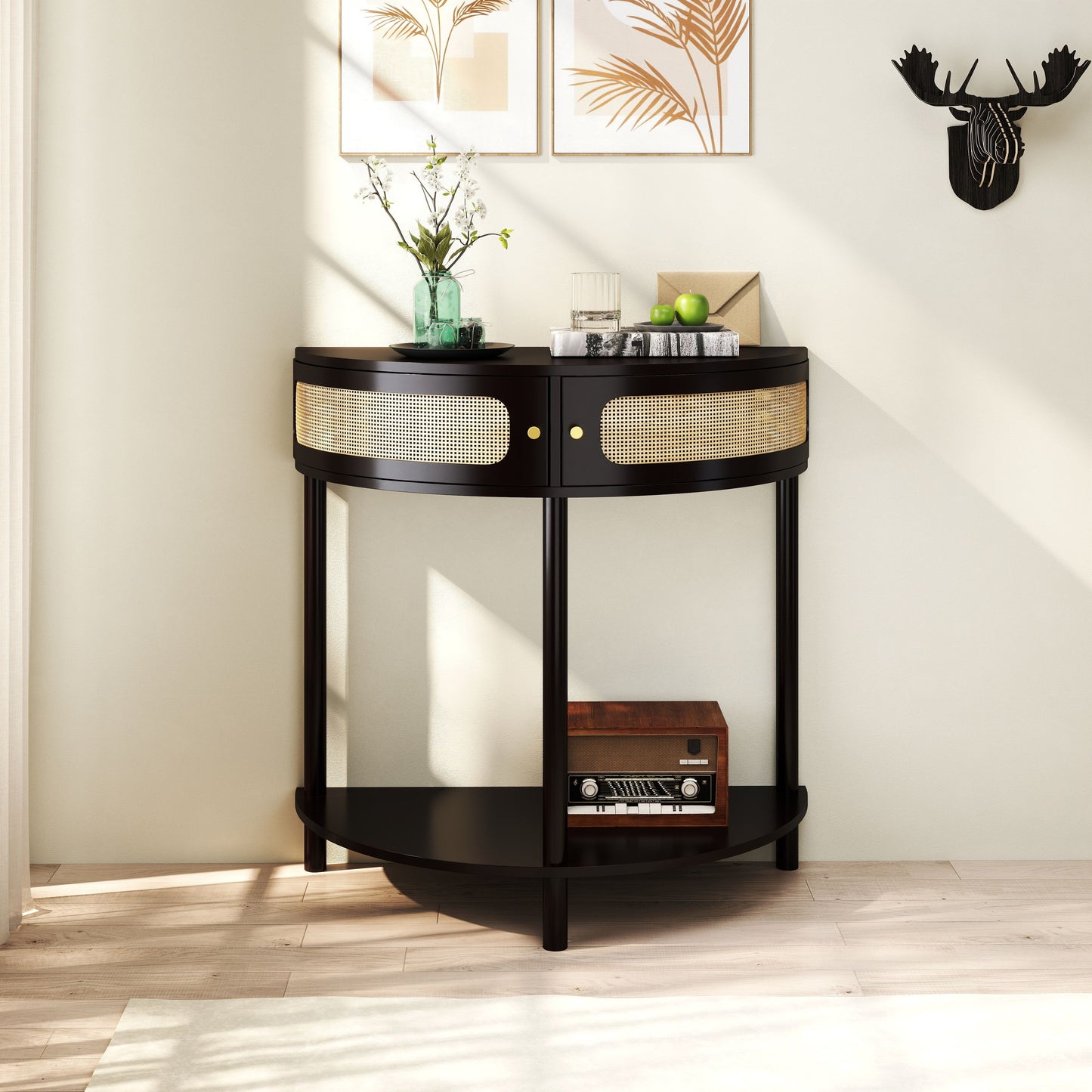 Boho Rattan Semi Circle End Table With Sliding Door, Elegant Wood Accent Table With Storage And Bottom Shelf - Black