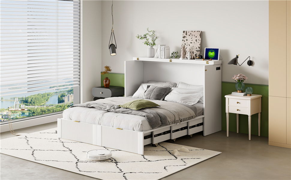 Full Size Murphy Bed With Drawer And A Set Of Sockets & USB Ports, Pulley Structure Design - White