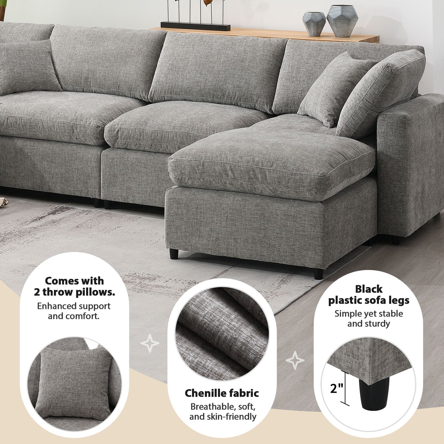 Modern Modular Cloud Sofa Bed, 6 Seat Chenille Sectional Couch Set With Ottoman, Free Combination, Convertible U Shaped Sleeper Sofa - Gray