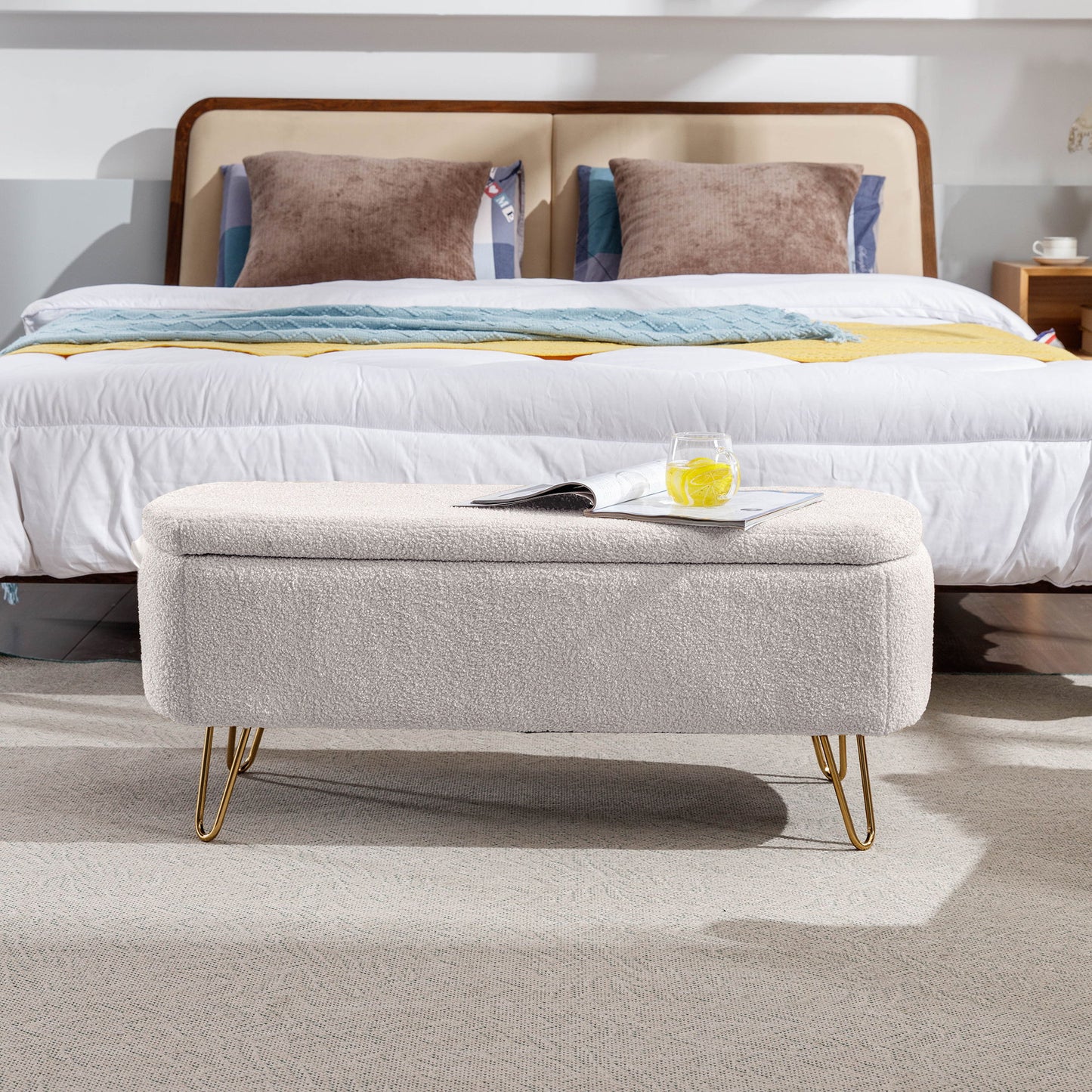 Storage Ottoman Bench For End Of Bed Gold Legs, Modern Ivory White Faux Fur Entryway Bench Upholstered Padded With Storage For Living Room Bedroom - Ivory