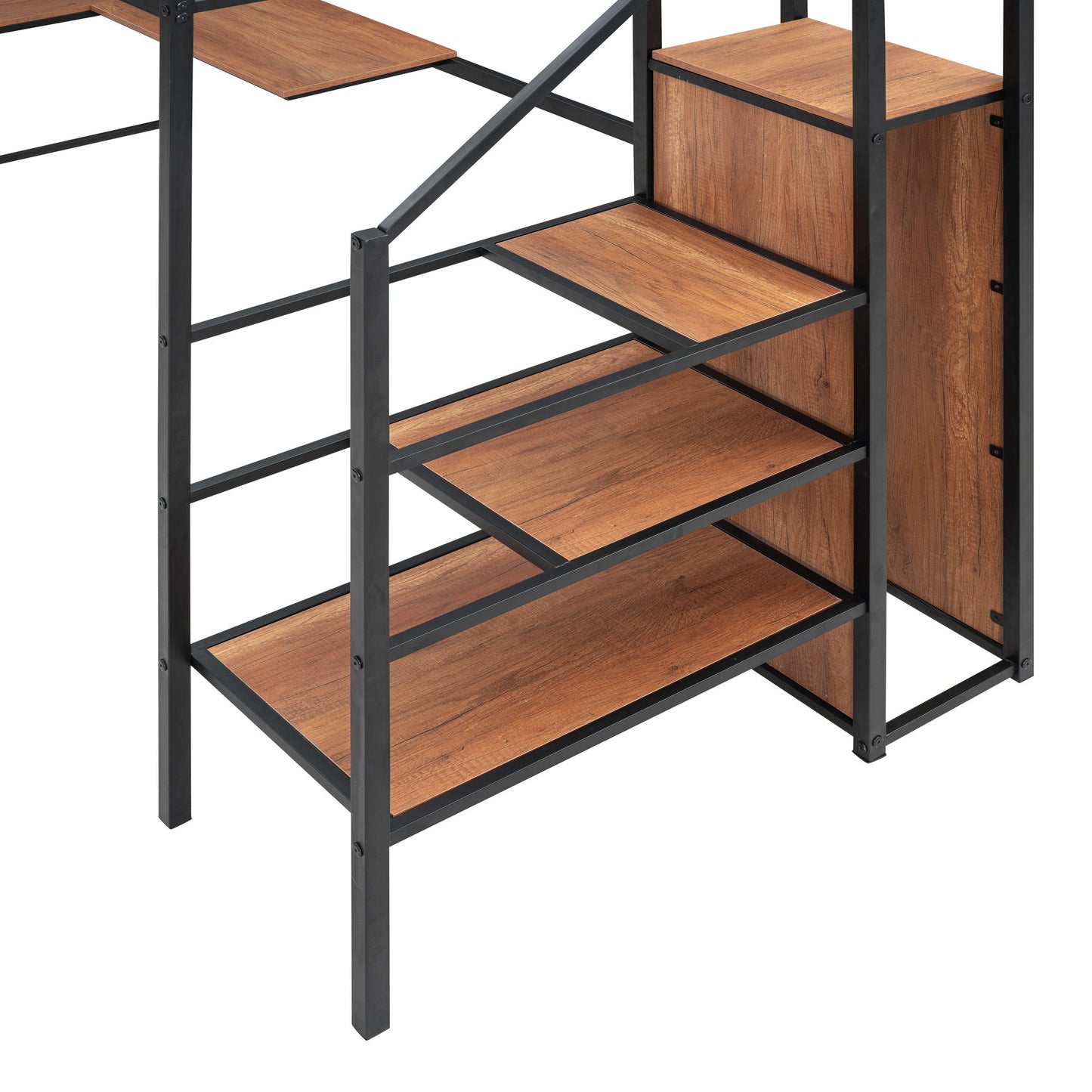 Twin Size Loft Bed With Desk And Grid, Stylish Frame With Lateral Storage Ladder And Wardrobe - Black
